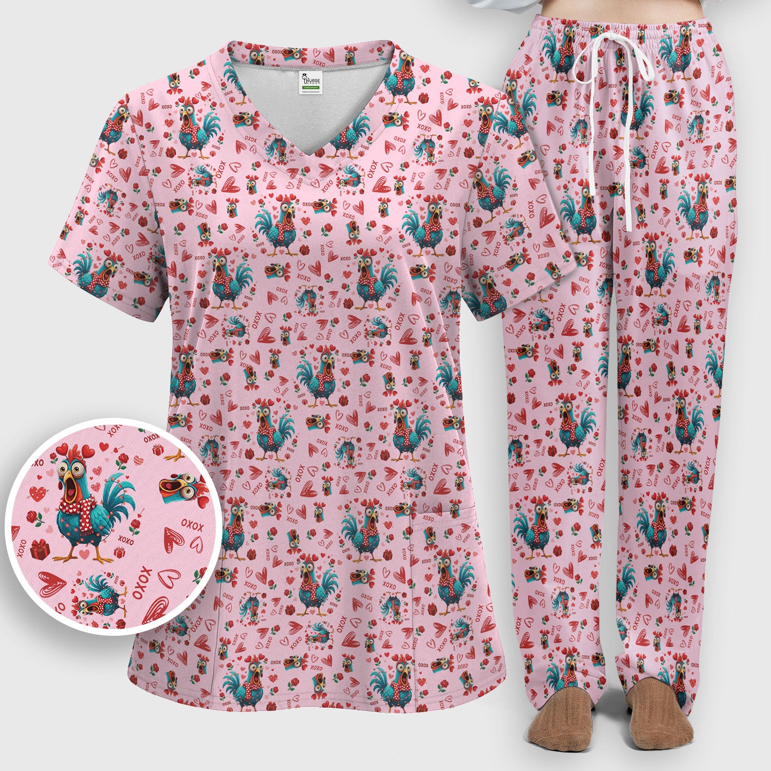 Funny Rooster Valentine Scrub Set, Cute Chicken XOXO Heart Pattern Nurse Shirt, Breathable Fabrics Nursing Uniform