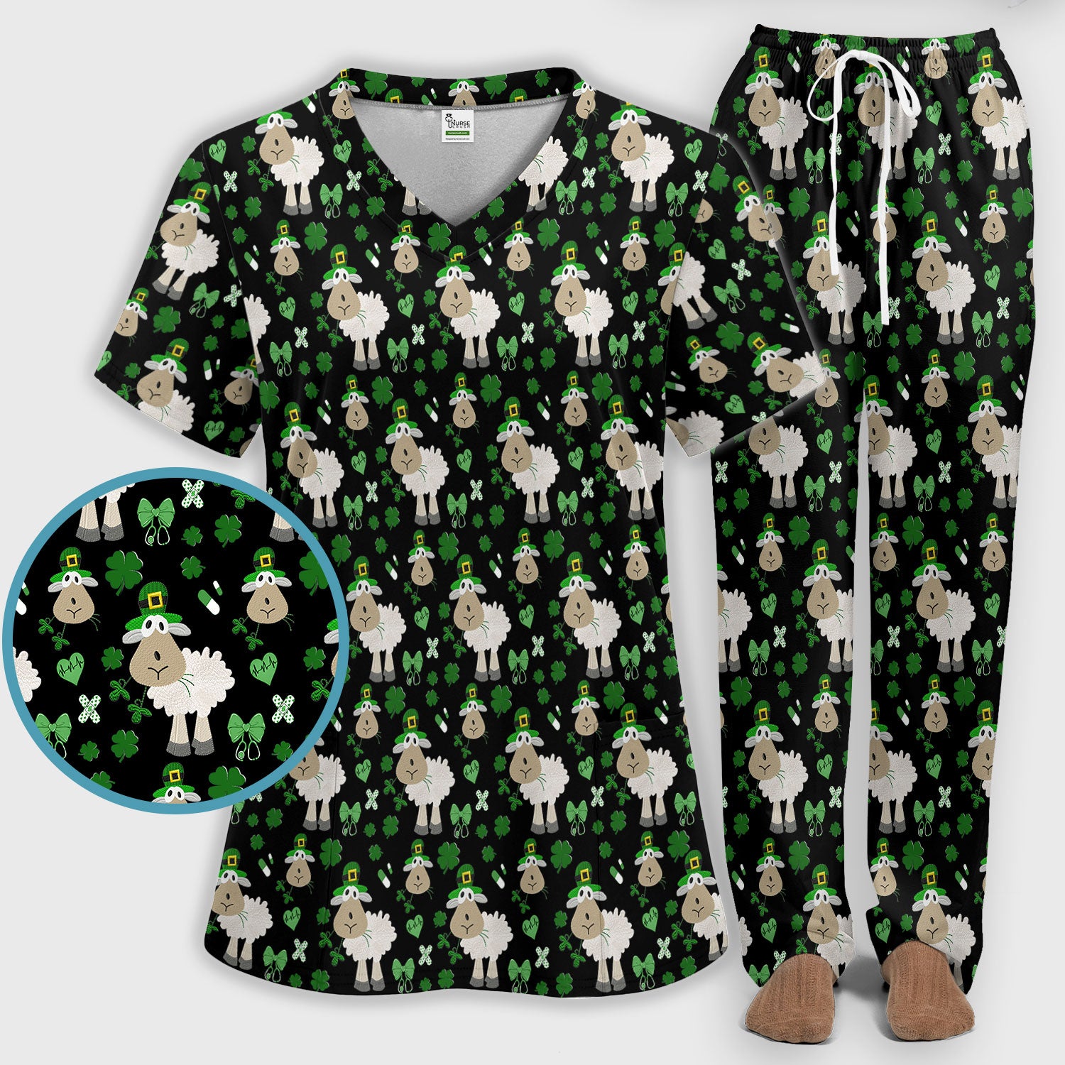 Nurse St. Patrick Scrubs Set, Cute Sheep Shamrock Pattern Nurse Shirt, Breathable Fabrics Nursing Uniform