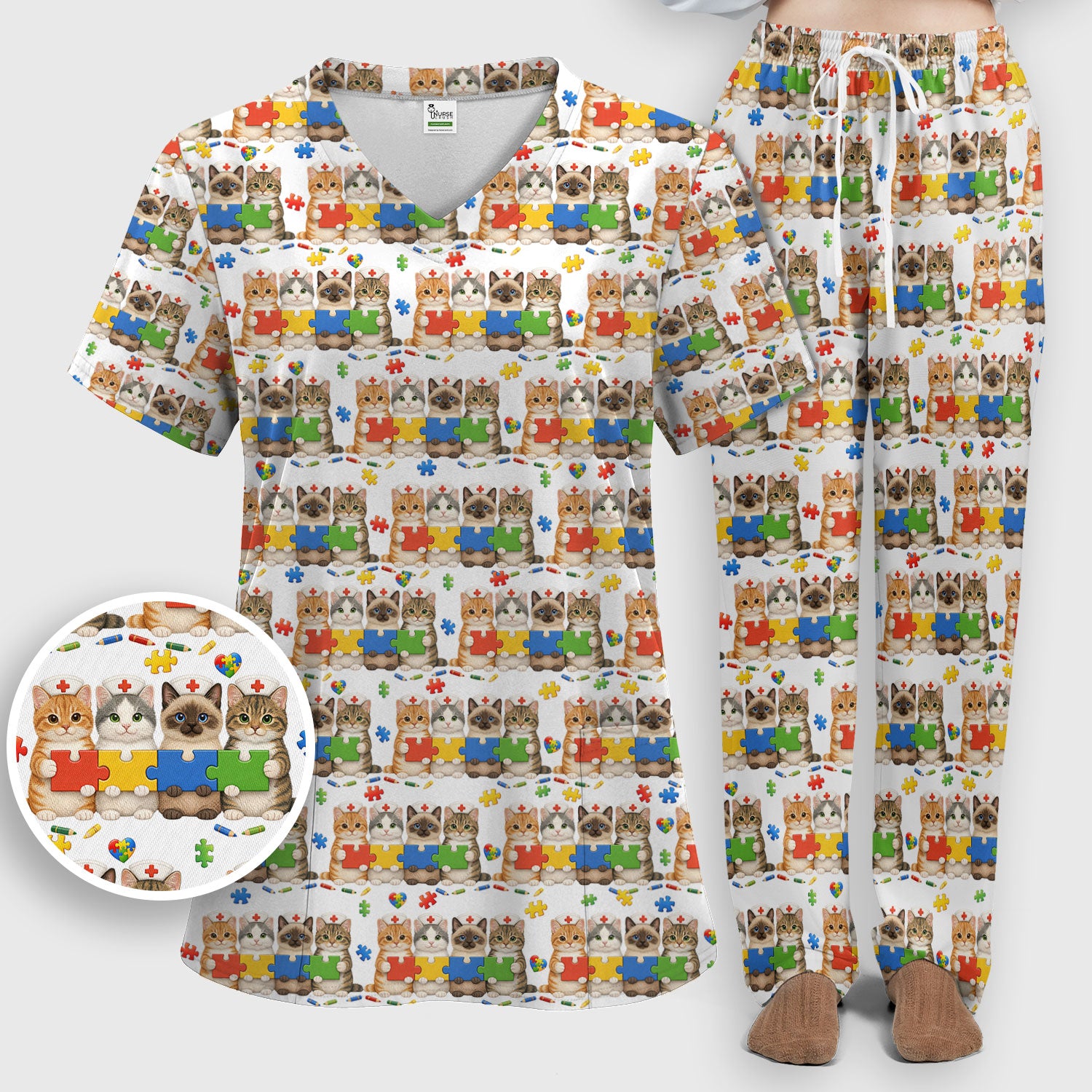 Autism Awareness Nurse Scrub Set, Cat Autism Pattern Nurses Shirt, Comfortable Uniform Scrubs For Nursing