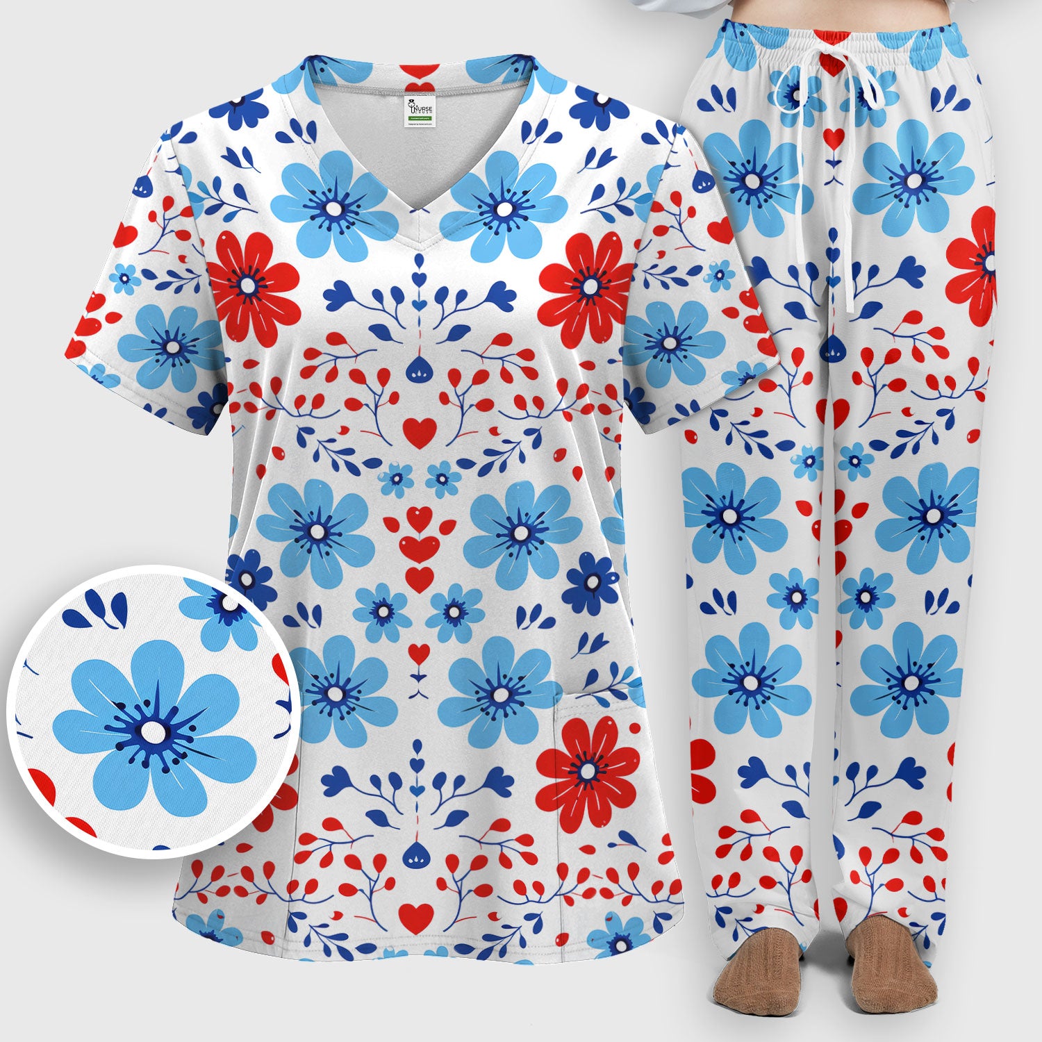 Symmetrical Folk Floral Heart Pattern Scrub Set, Scrub Pants and V Neck Top