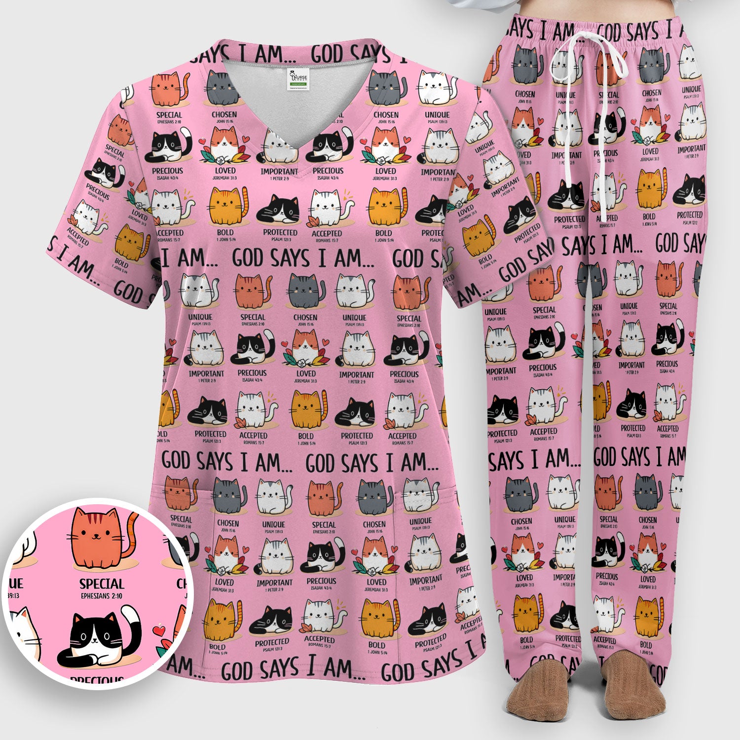 Cute Christian Cat God Says I Am Women's Scrub Set, Breathable Med Uniform