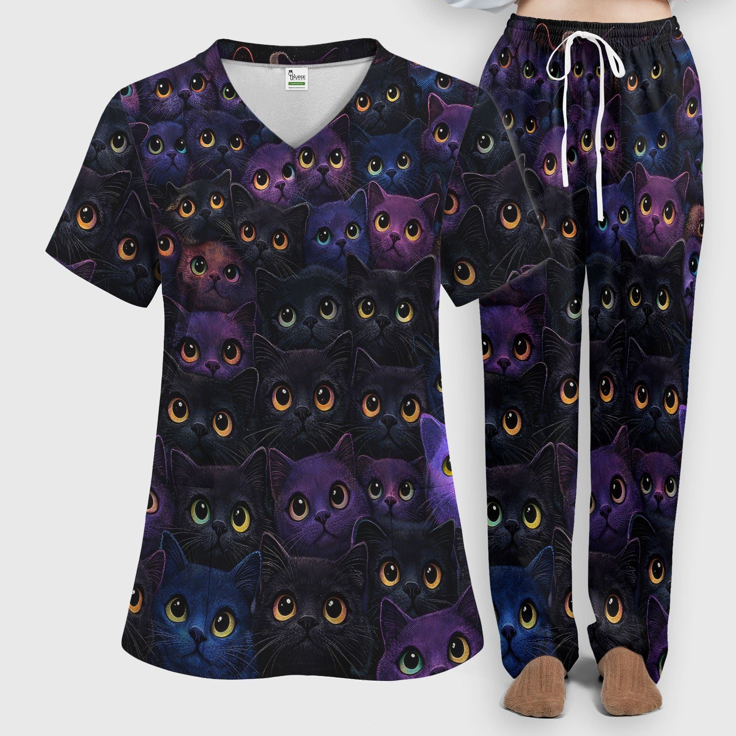 Cute Colorful Cat Eyes Pattern Scrub Set for Nurses, Scrub Pants and V Neck Top, Breathable Med Uniform