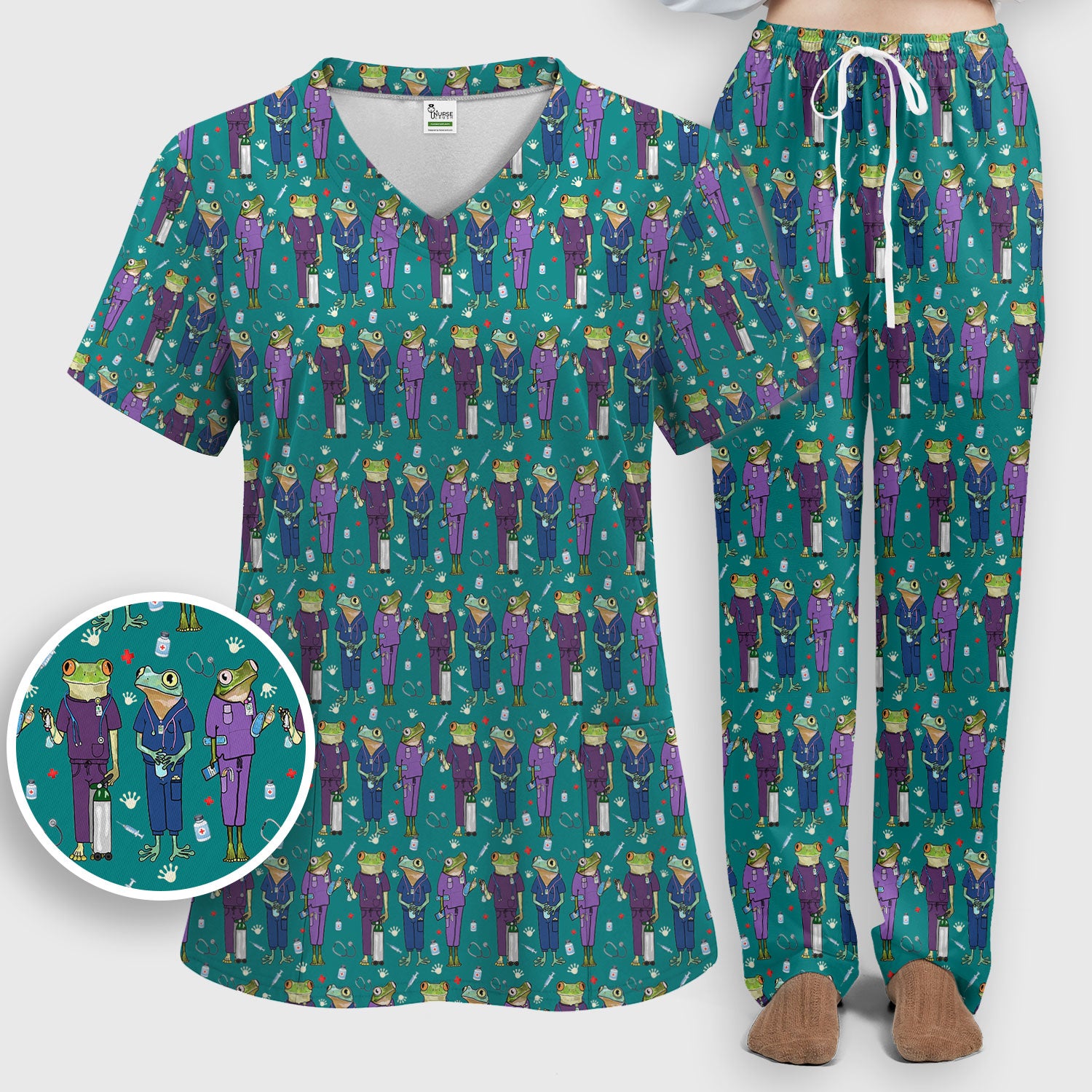 Funny Frog Nurse Pattern Scrub Set, Scrub Pants and V Neck Top