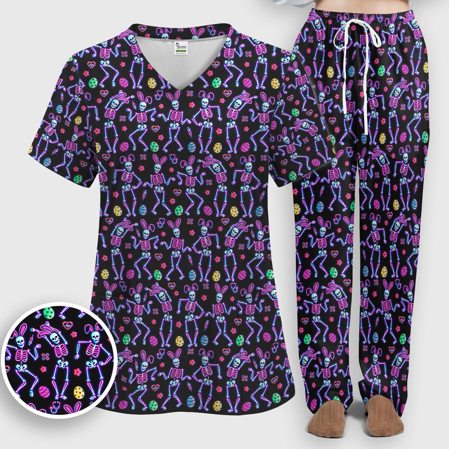 Neon Easter Skeleton Print Scrub Set, Scrub Pants and V Neck Top