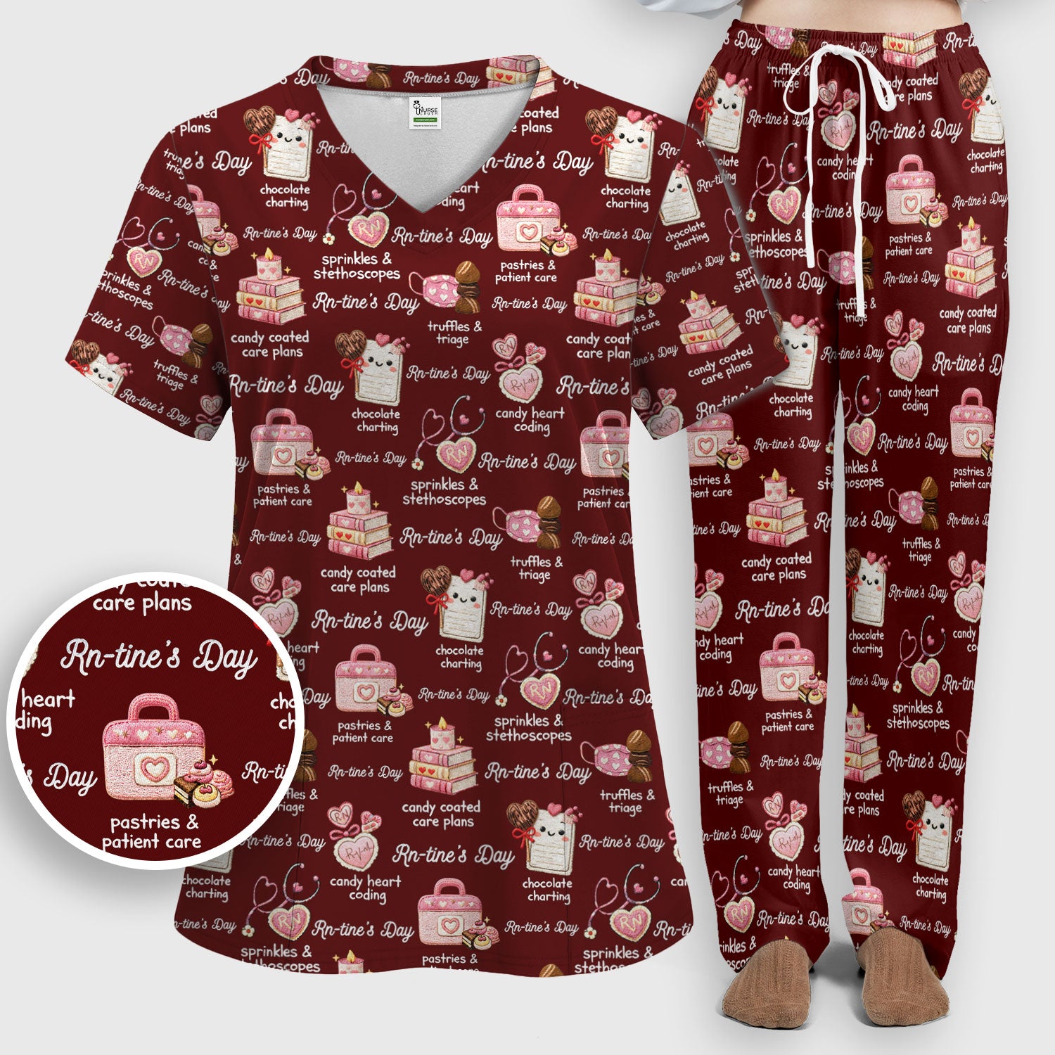 RN Sweets Valentine Stethoscope Scrub Set, Scrub Pants and V Neck Top