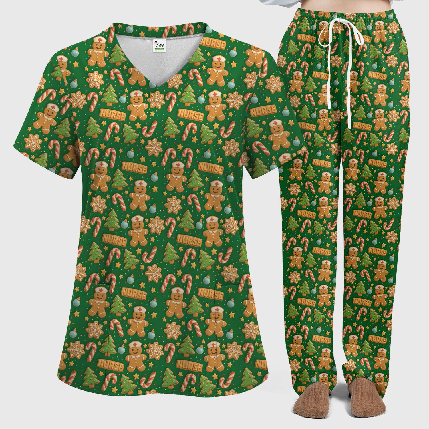 Cute Gingerbread Christmas Scrubs for Women - Holiday Cookie Pattern Scrub Top & Pants - Festive Christmas Scrubs with Charming Design