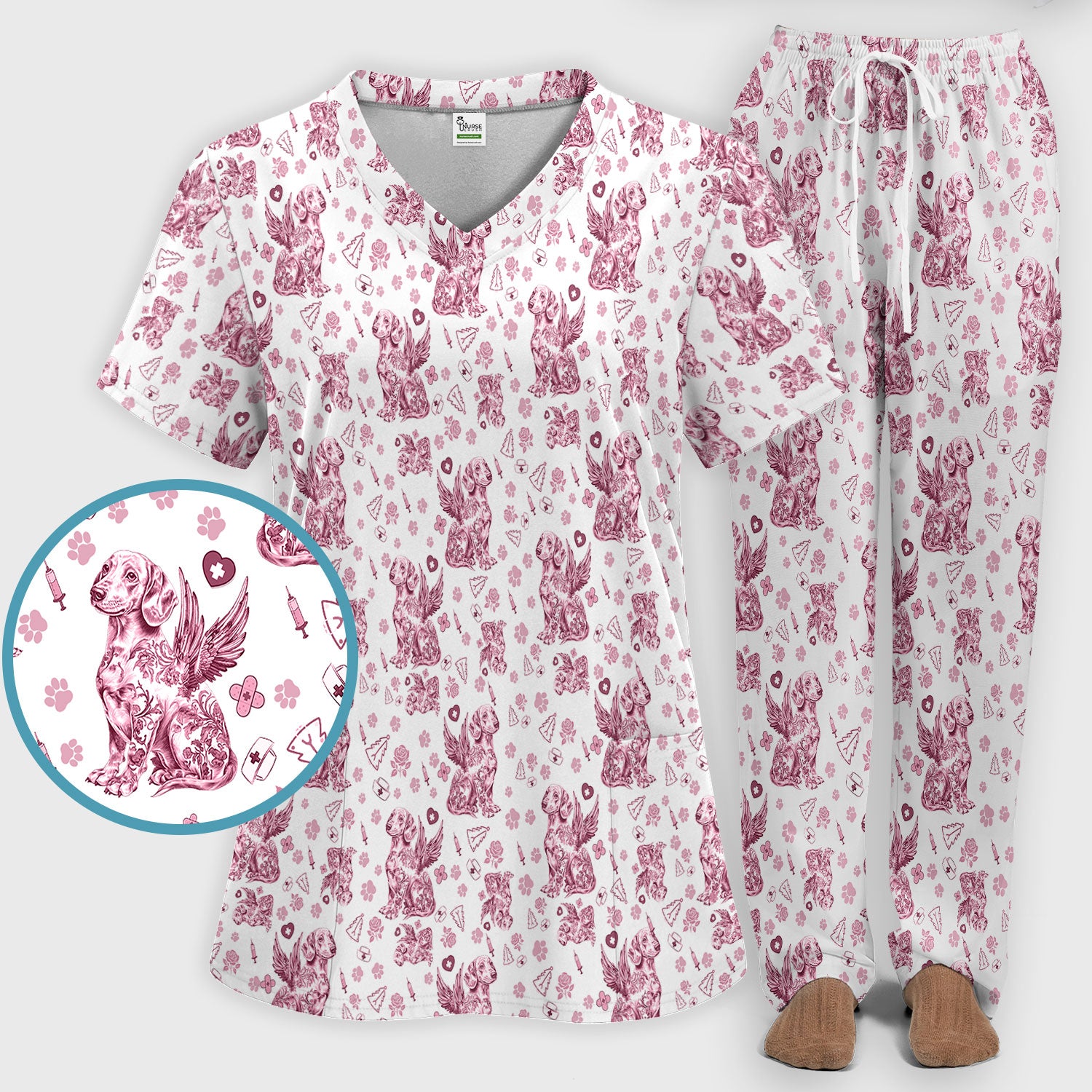 Toile de Jouy Dachshund Angel Scrub Set - Blue Vintage Wiener Dog Scrubs Pants and V Neck Top - Memorial Puppy Gift