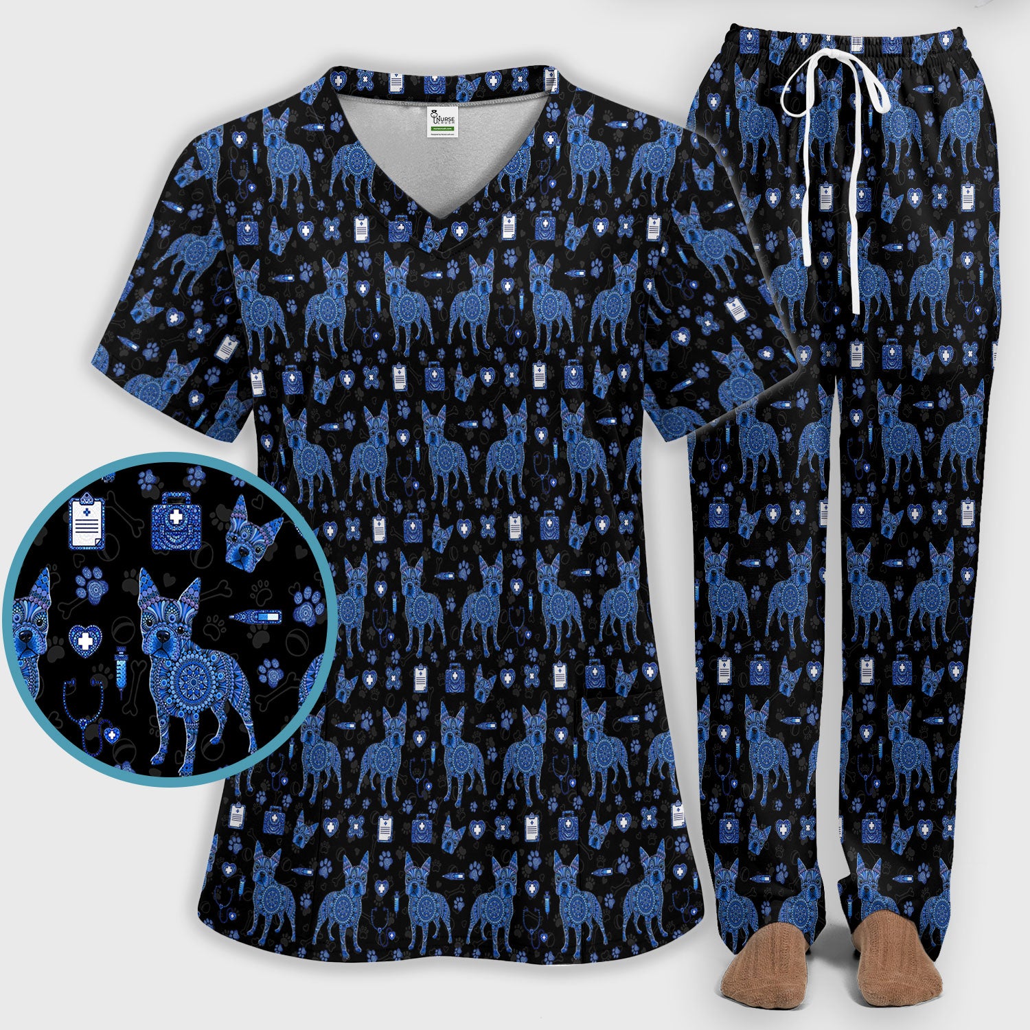 Blue Heeler Australian Cattle Dog Scrub Set, Australia Dot Art Pattern Shirt, Breathable Fabrics Nursing Uniform
