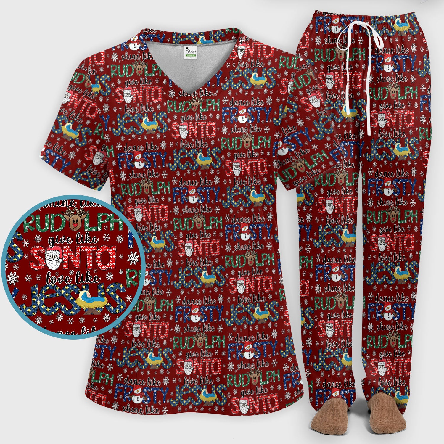 Xmas Rudolph Comfortable Scrub Set for Nurses - God Santa Scrub Pants and V Neck Top - Breathable Med Uniform