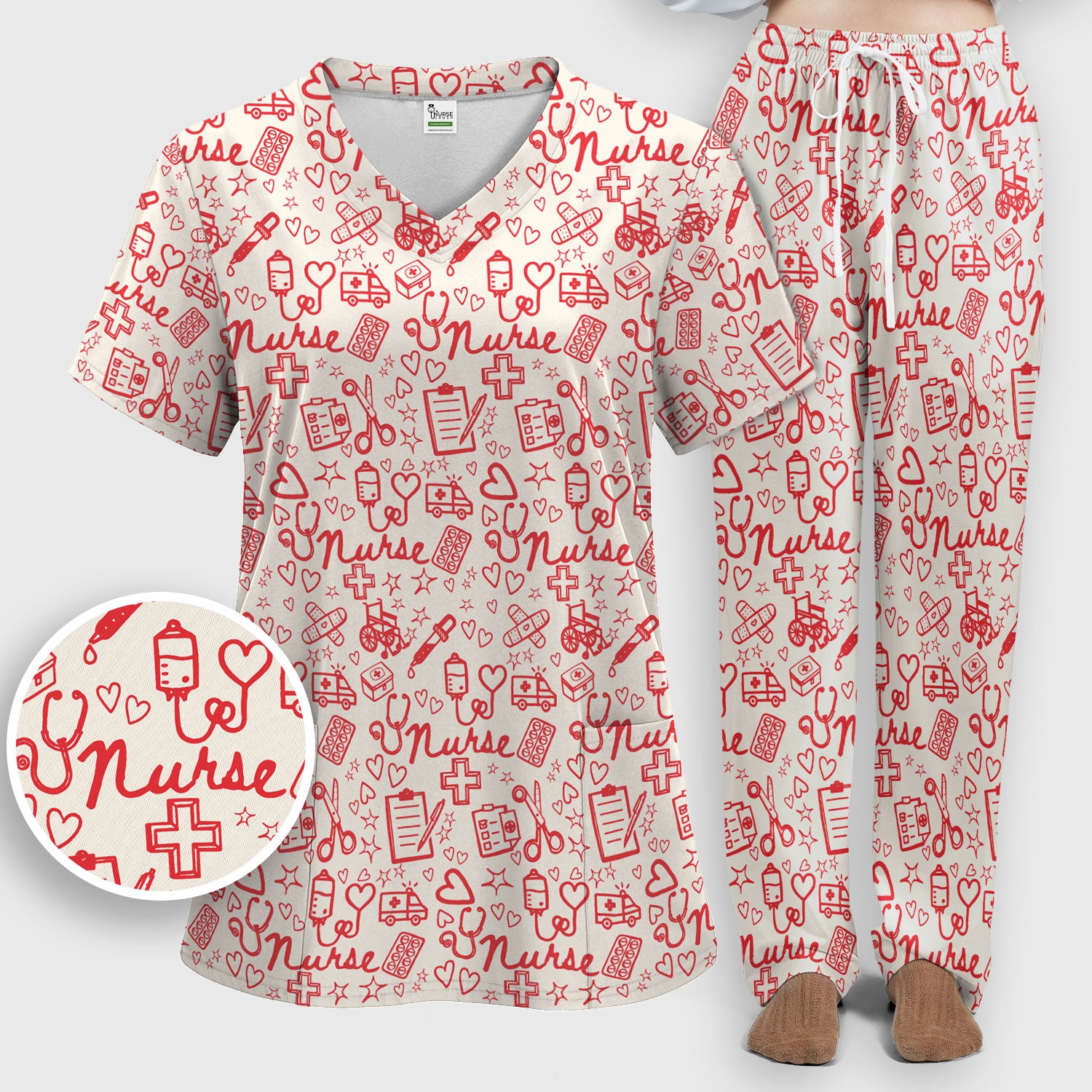 Cute Nurse Heart Medical Pattern Scrub Set, Breathable Med Uniform