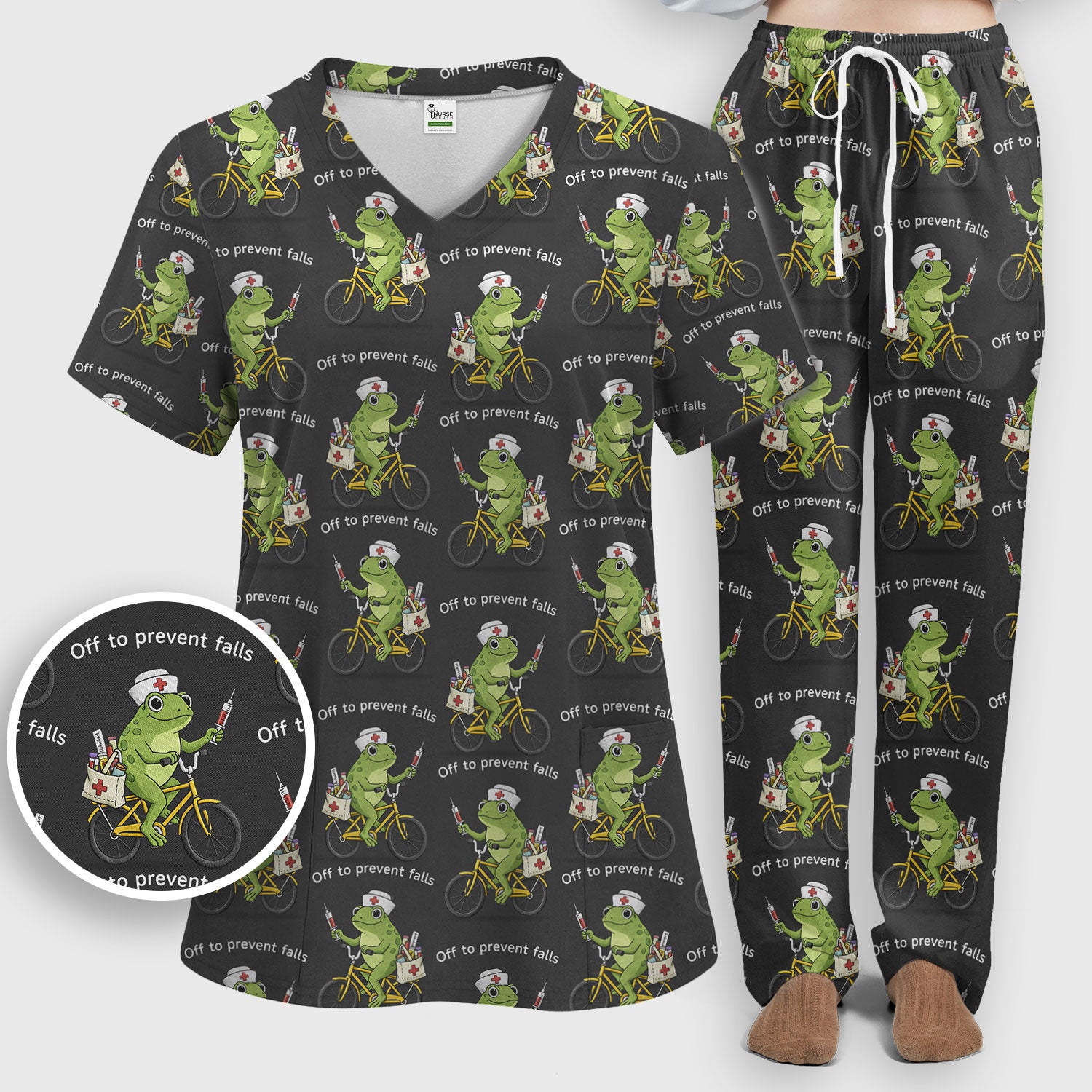Cute Frog Riding Bike With Funny Quote Scrub Set, Scrub Pants and V Neck Top