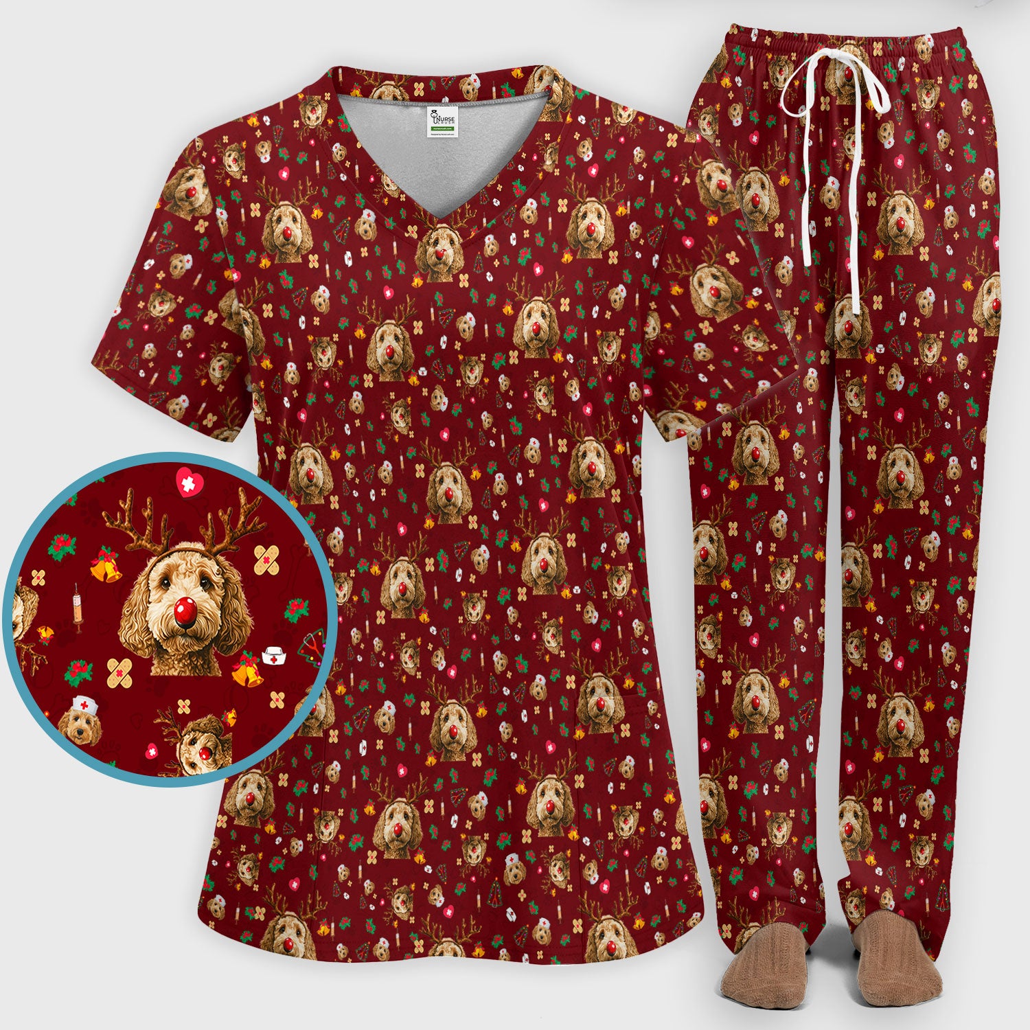 Labradoodle Reindeer Christmas Scrub Set - Funny Dog Nurse Pants and V Neck Top - Cute Holiday Medical Uniform