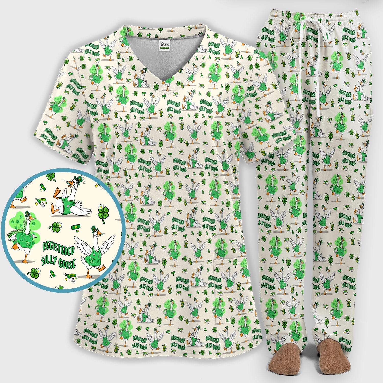 Silly Goose St. Patrick’s Day Scrub Set, Funny Goose Shamrock Pattern Nurse Scrub Shirt, Irish Green Nursing Uniform