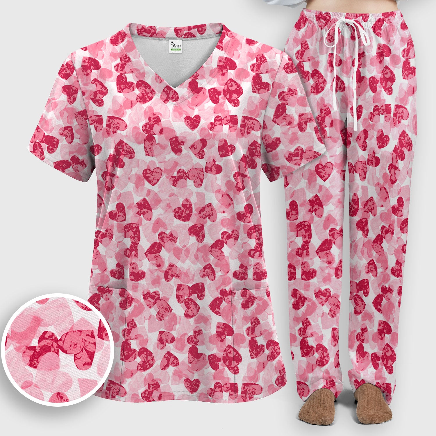 Valentine Heart Pattern Medical Scrub Set, Women's Scrub Sets