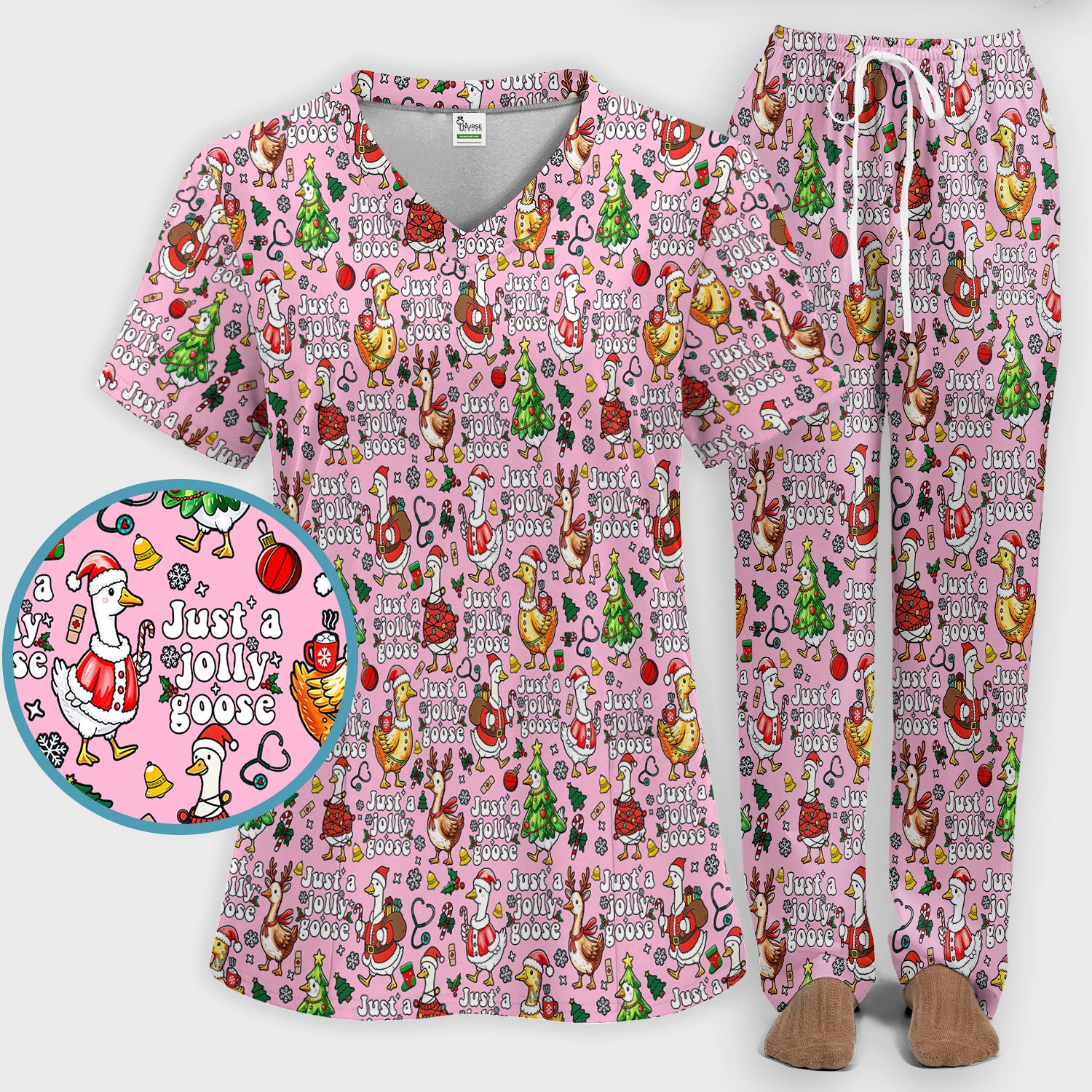 Christmas Goose Scrub Set for Nurse - Funny Jolly Holiday Medical Uniform for Women