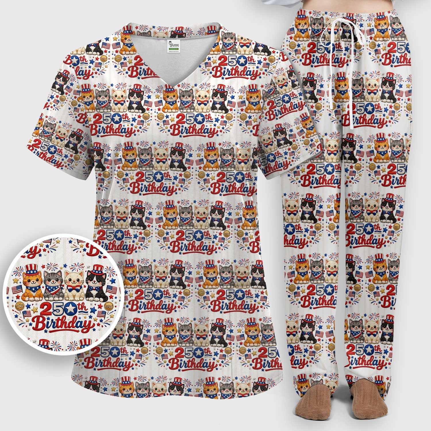 America 250th Anniversary Cat Pattern Scrub Set, Scrub Pants and V Neck Top