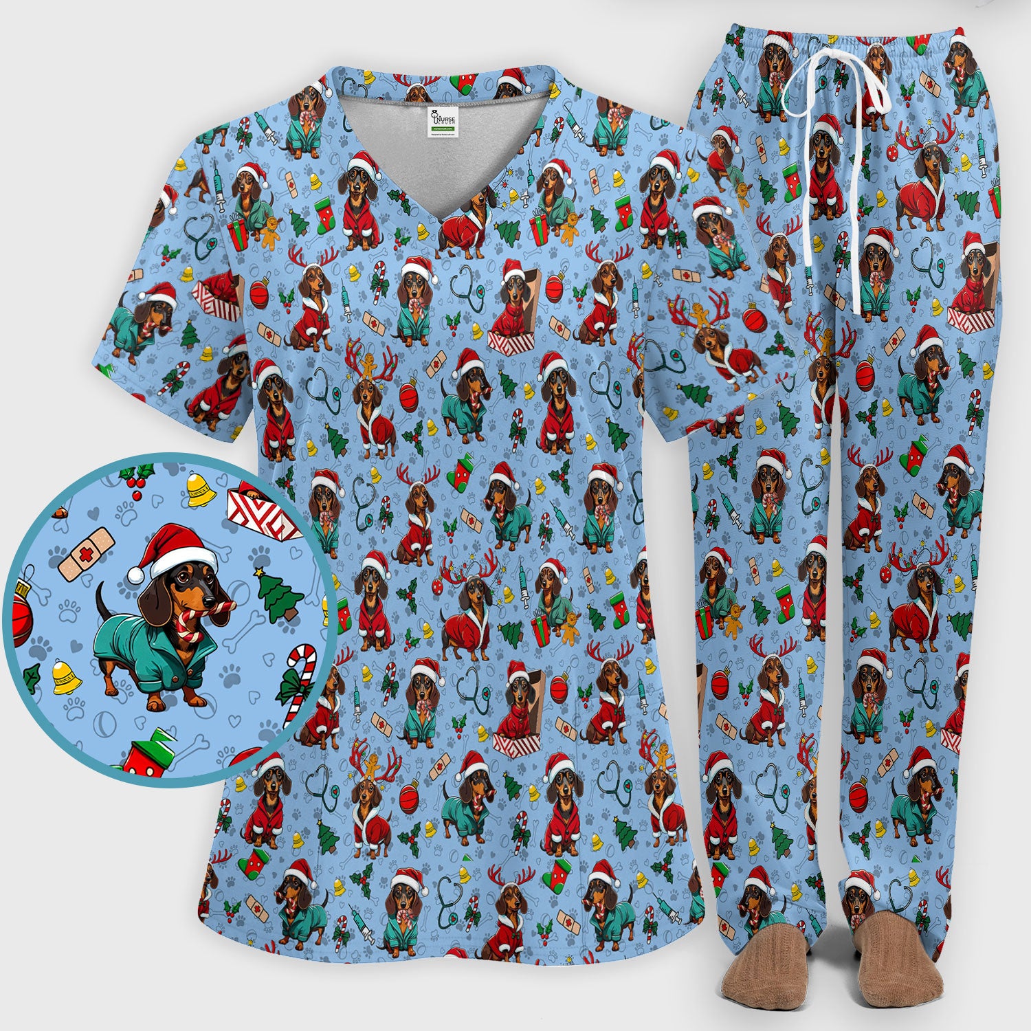 Christmas Dachshund Scrub Set for Nurses - Cute Sausage Dog Holiday - Funny Reindeer & Santa Scrubs Pants and V Neck Top