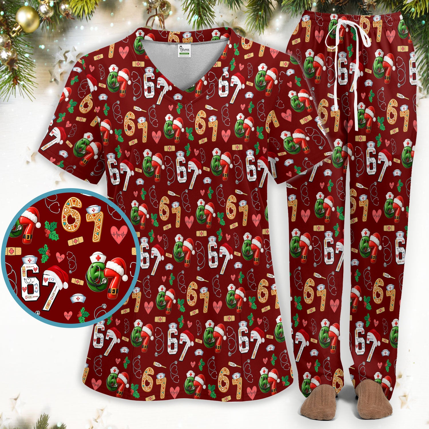 Christmas Nurse 67 Pattern Scrub Set, Cute Holiday Medical Uniform With Santa Hat, Uniform For Nursing