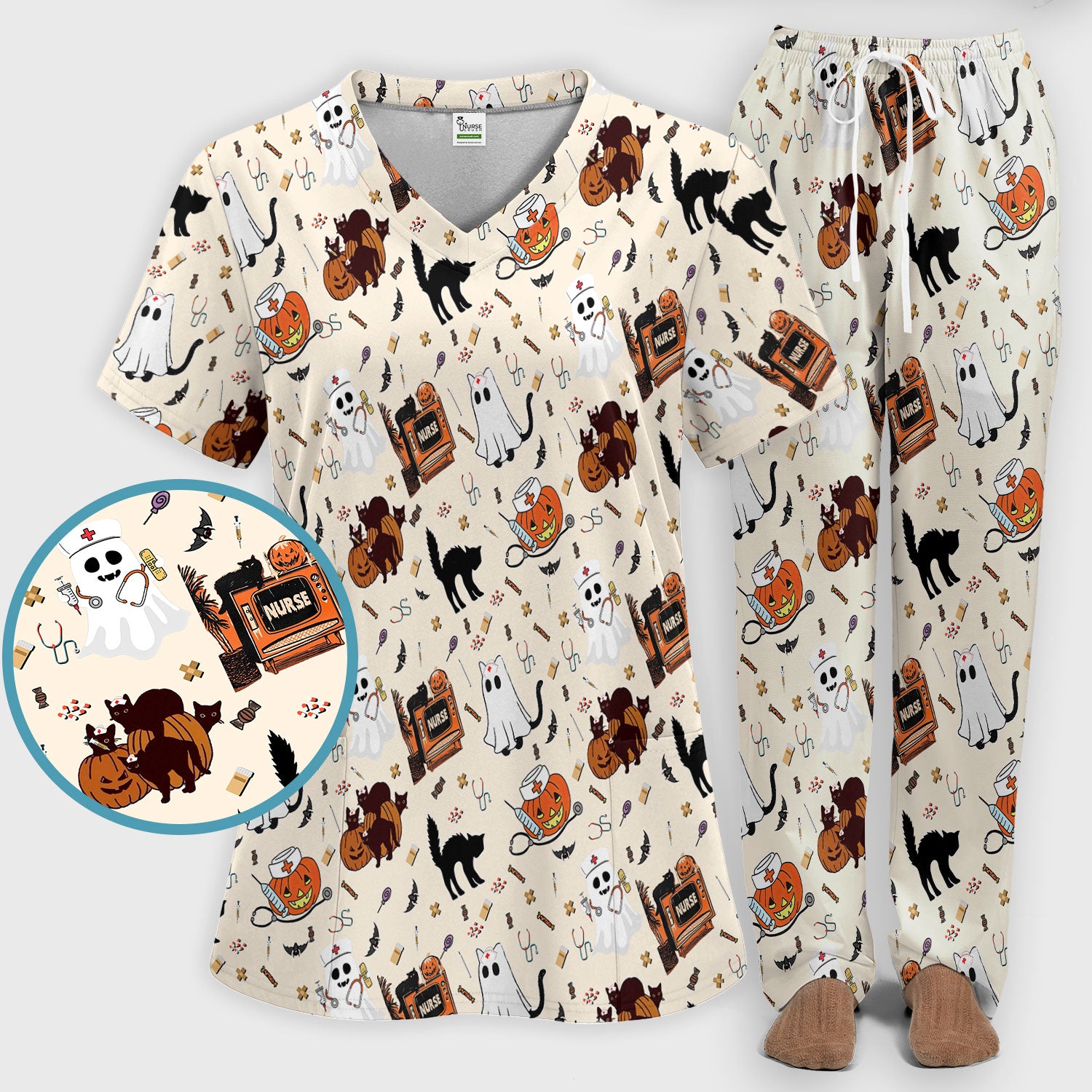 Halloween Scrub Set for Nurse - Cute Pumpkin Ghost Cat Medical Pants and V Neck Top - Spooky Uniform for Women RN CNA LPN