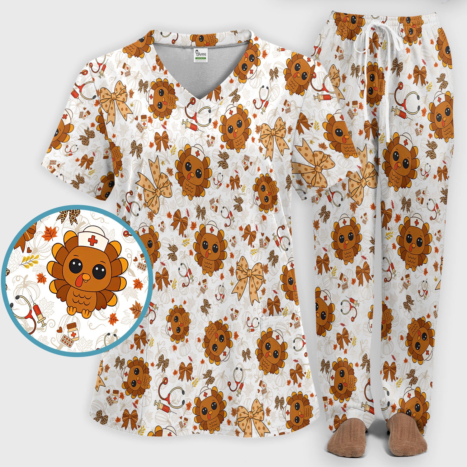 Thanksgiving Turkey Nurse Scrub Set for Women - Cute Fall Leaves and Bow Scrub Pants and V Neck Top - Autumn Medical Uniform