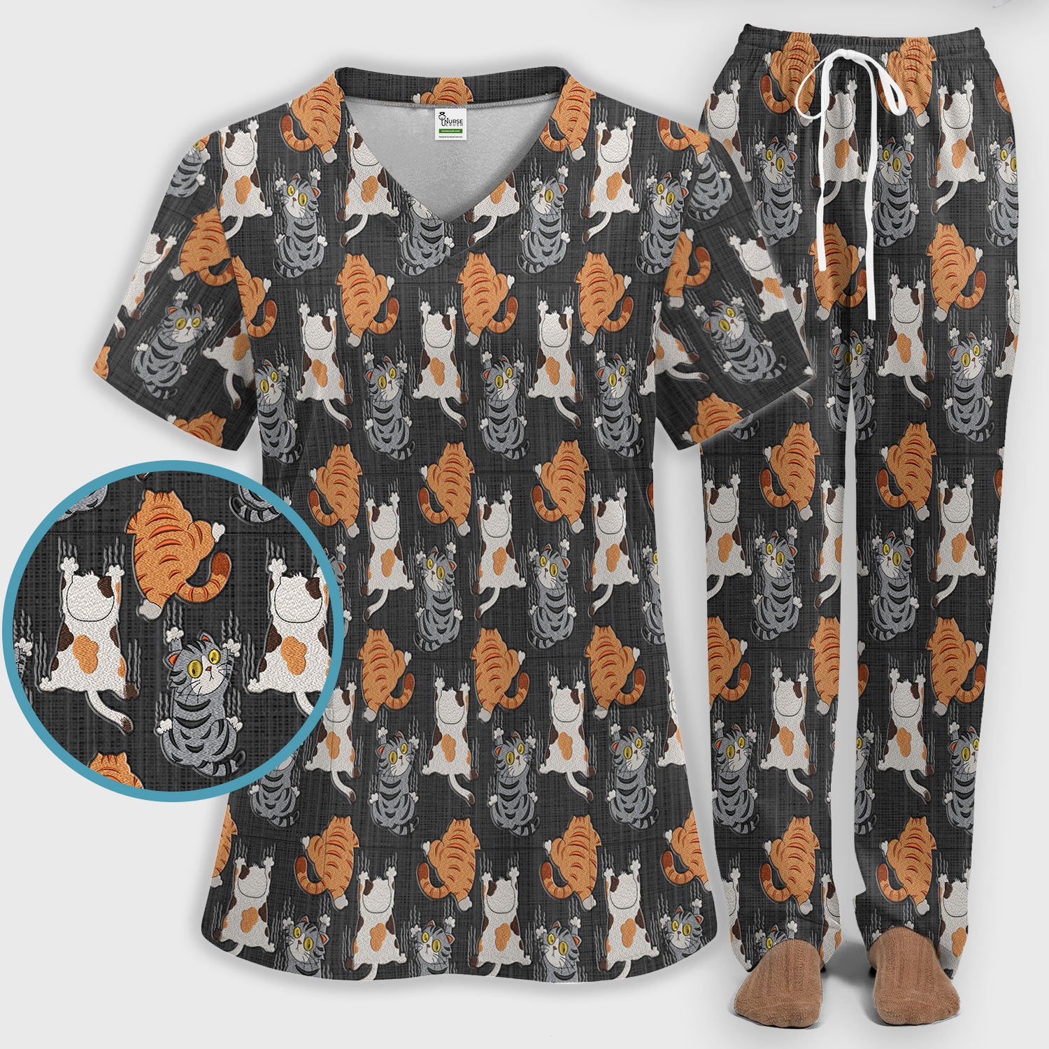 Cute Cat Pattern Nurse Scrub Set, Cats Medical Pattern Shirt, Breathable Fabrics Nursing Uniform