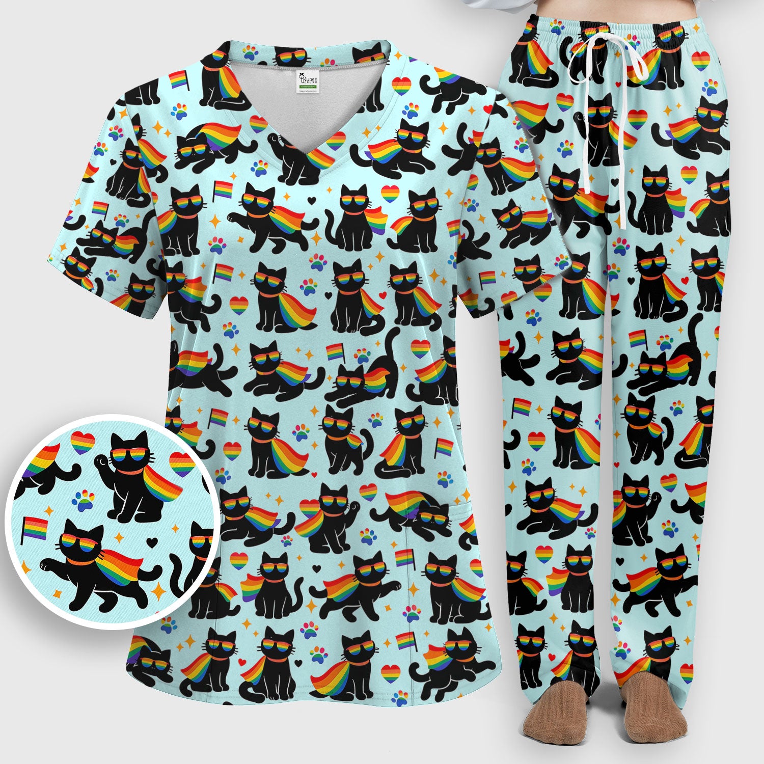 Rainbow Black Cat Pride Pattern Scrub Set, Breathable Med Uniform