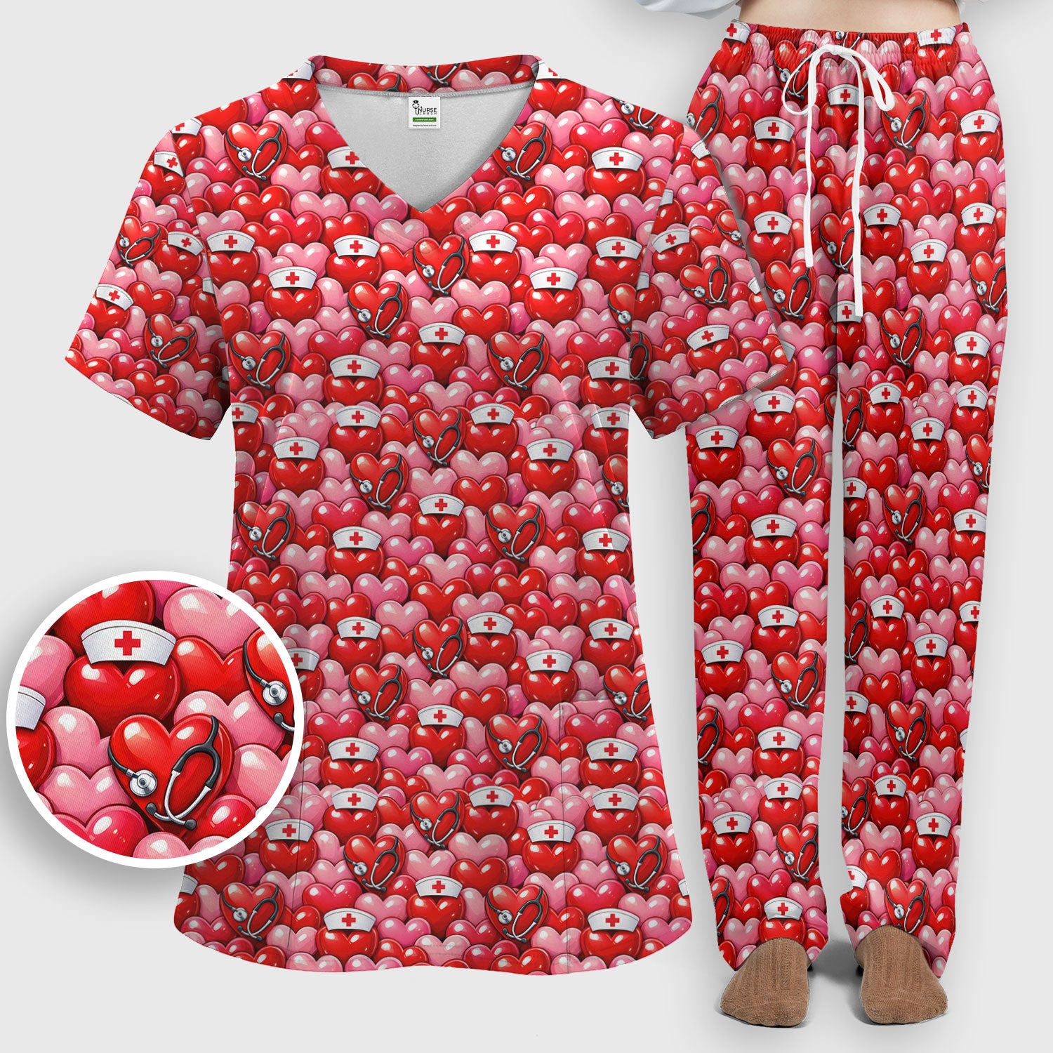 Valentine Pattern Nurse Scrub Set, Heart With Stethoscope Love Medical Shirt For Women, Breathable Fabrics Nursing Uniform