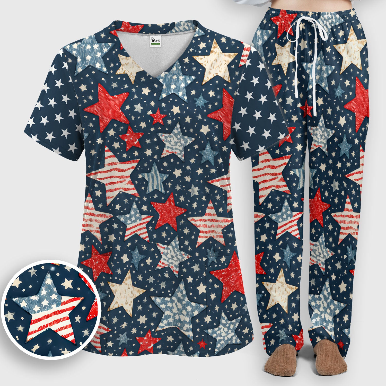 Patriotic Star Pattern Women's Scrub Set, Scrub Pants and V Neck Top