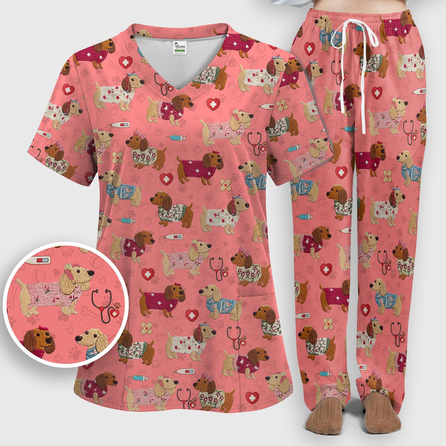 Cute Medical Wiener Dog Pattern Nurse Shirt, Dachshund Nursing Scrub Set, Breathable Fabrics Nursing Uniform
