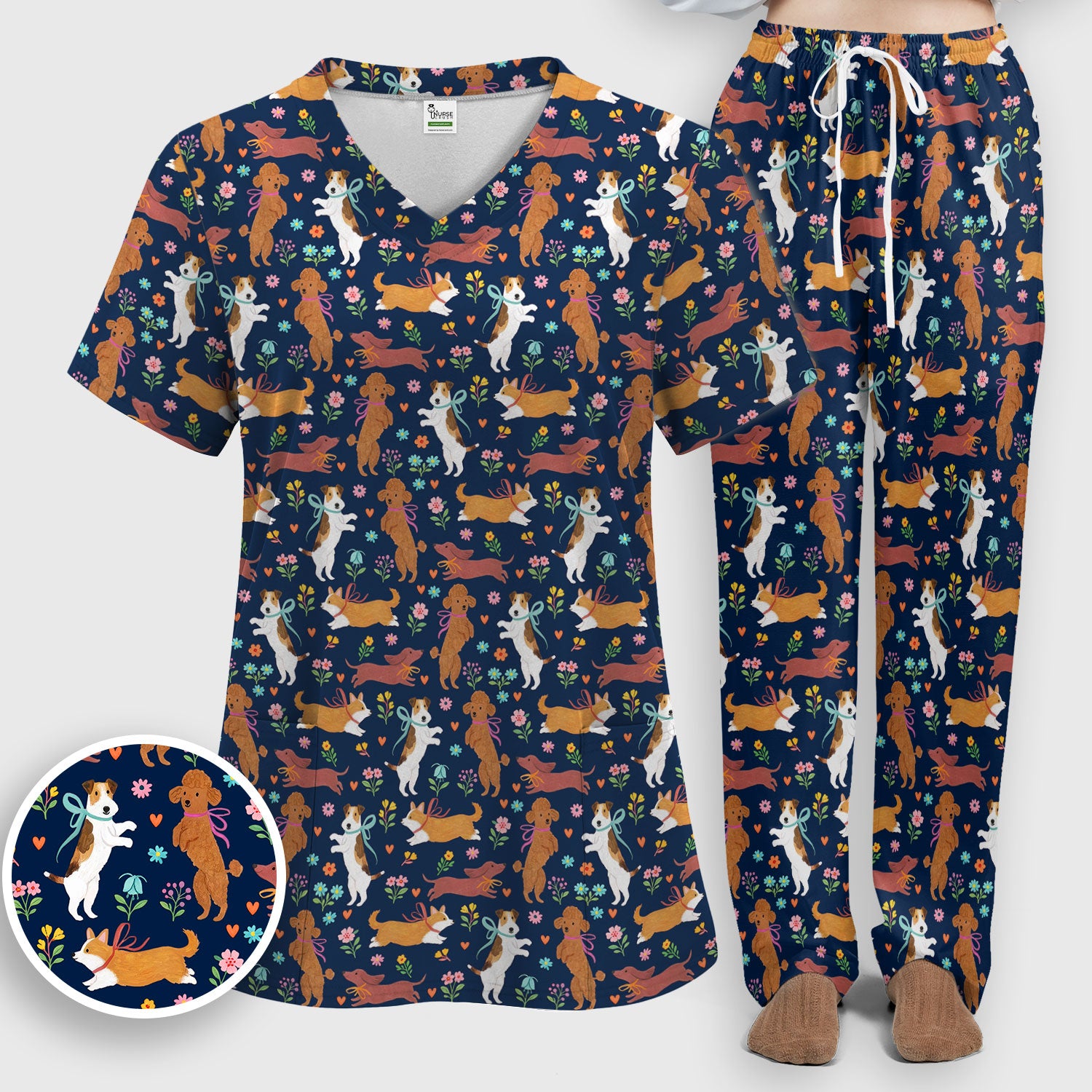 Cute Cartoon Dog Print Women's Scrub Set, Scrub Pants and V Neck Top