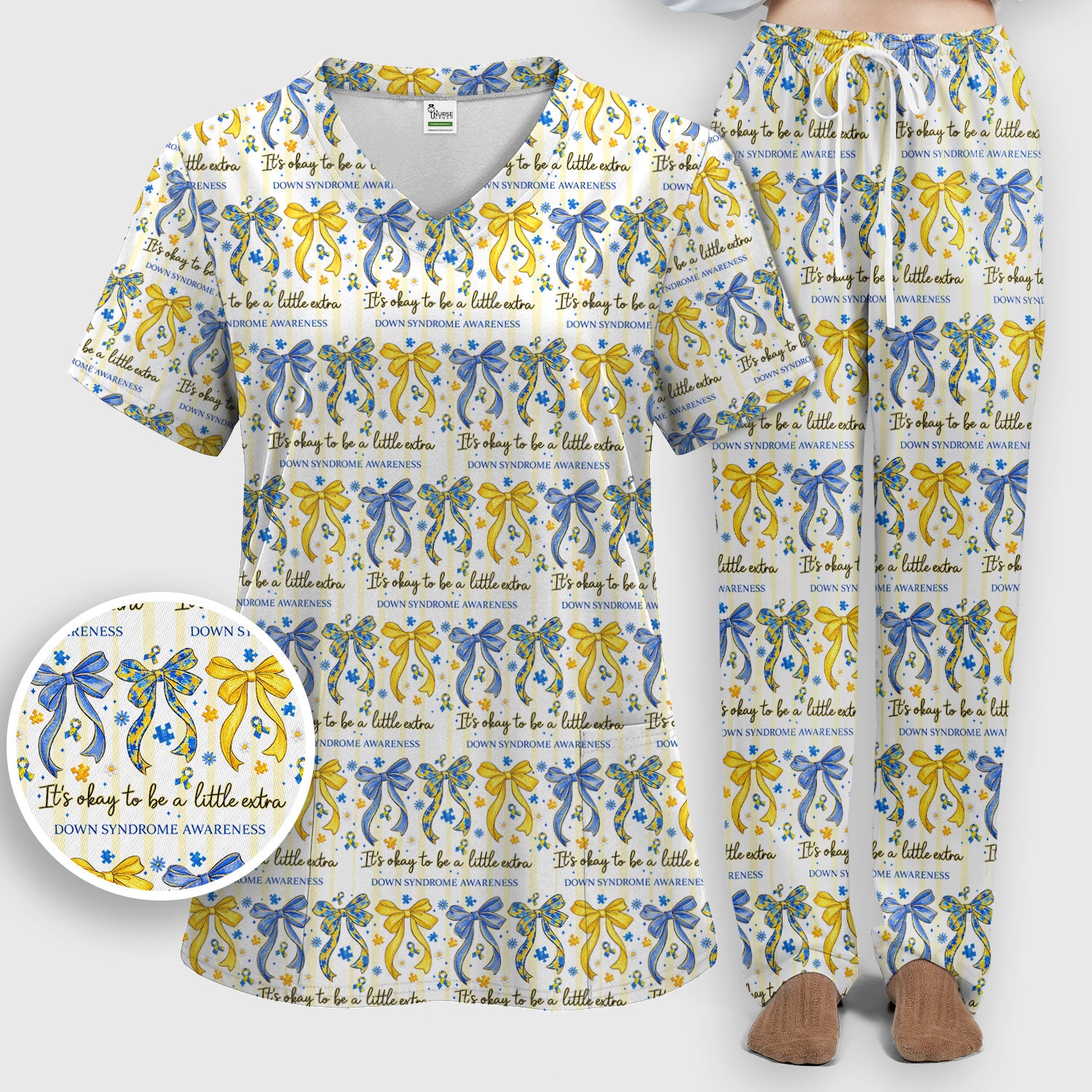 Down Syndrome Awareness Ribbon Pattern Scrub Set, Scrub Pants and V Neck Top
