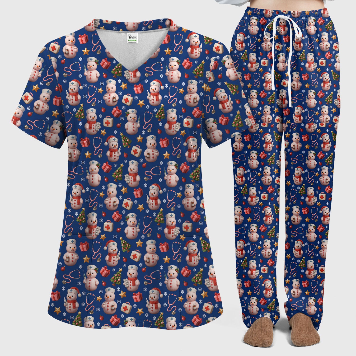 Snowman Pattern Christmas Scrub Set - Cute Holiday Medical Scrubs for Women - Funny Festive Nurse Gift for RN LPN CNA