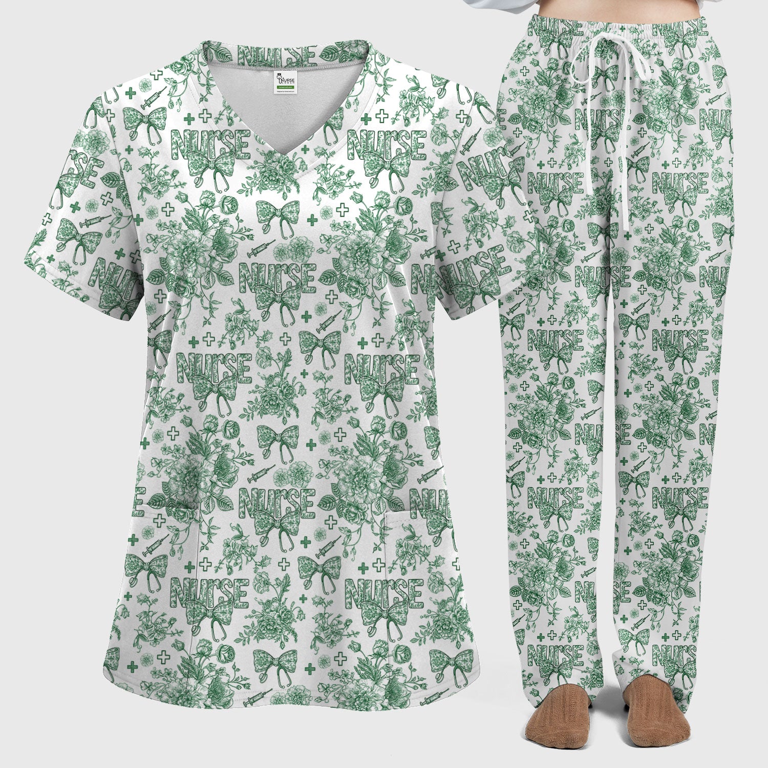 Toile de Jouy Nurse Scrub Set - Elegant Floral Pattern Scrubs for Women - Stylish Flower Medical Scrubs Gift for Healthcare Workers