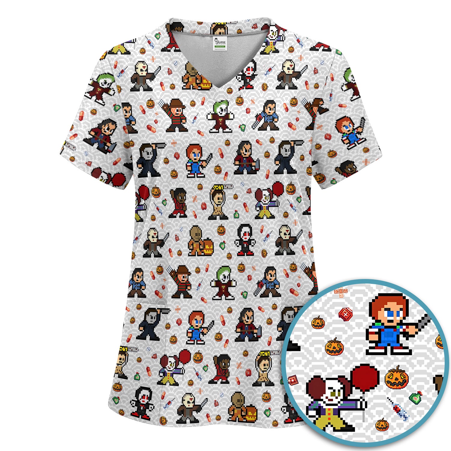 Halloween Women's Scrub Sets - Comfortable Scrubs for Nurses - Horror Movie Scrub Pants and V Neck Top - Breathable Med Uniform