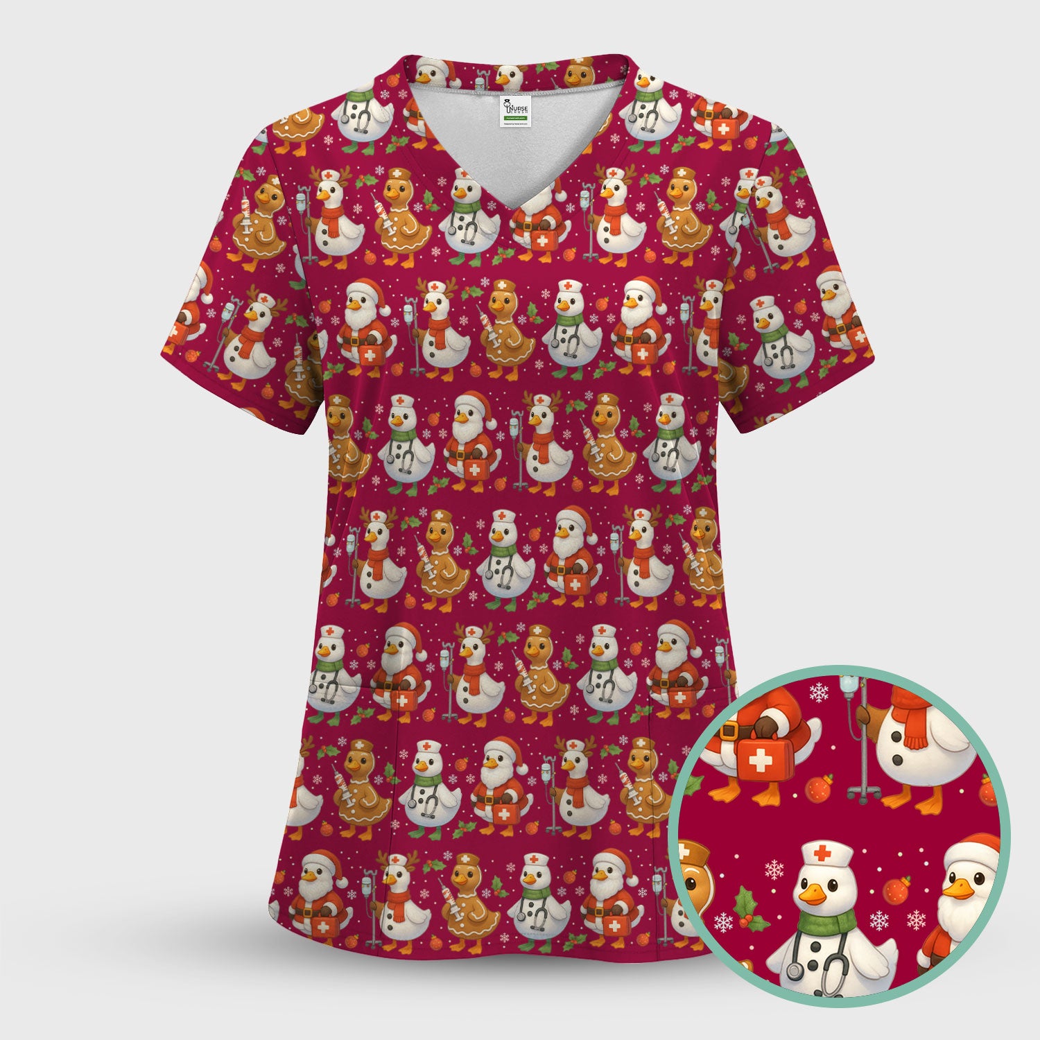 Christmas Goose Scrubs for Women - Funny Holiday Goose Pattern Medical Scrub Top - Festive Christmas Scrubs with Cute Nurse Design