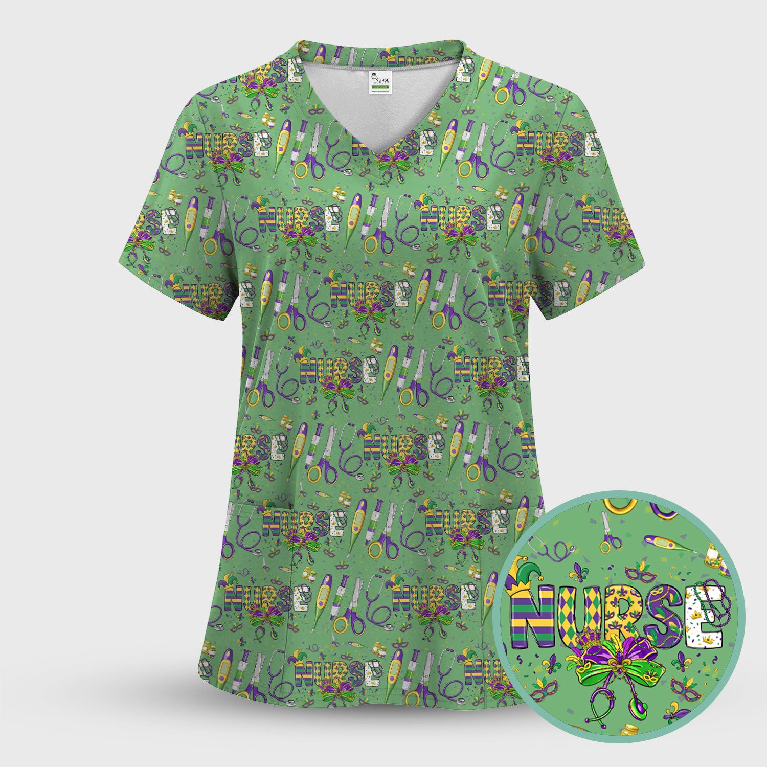 Mardi Gras Nurse Scrub Set, Holiday Medical Pattern Nurse Shirt, Breathable Fabrics Nursing Uniform