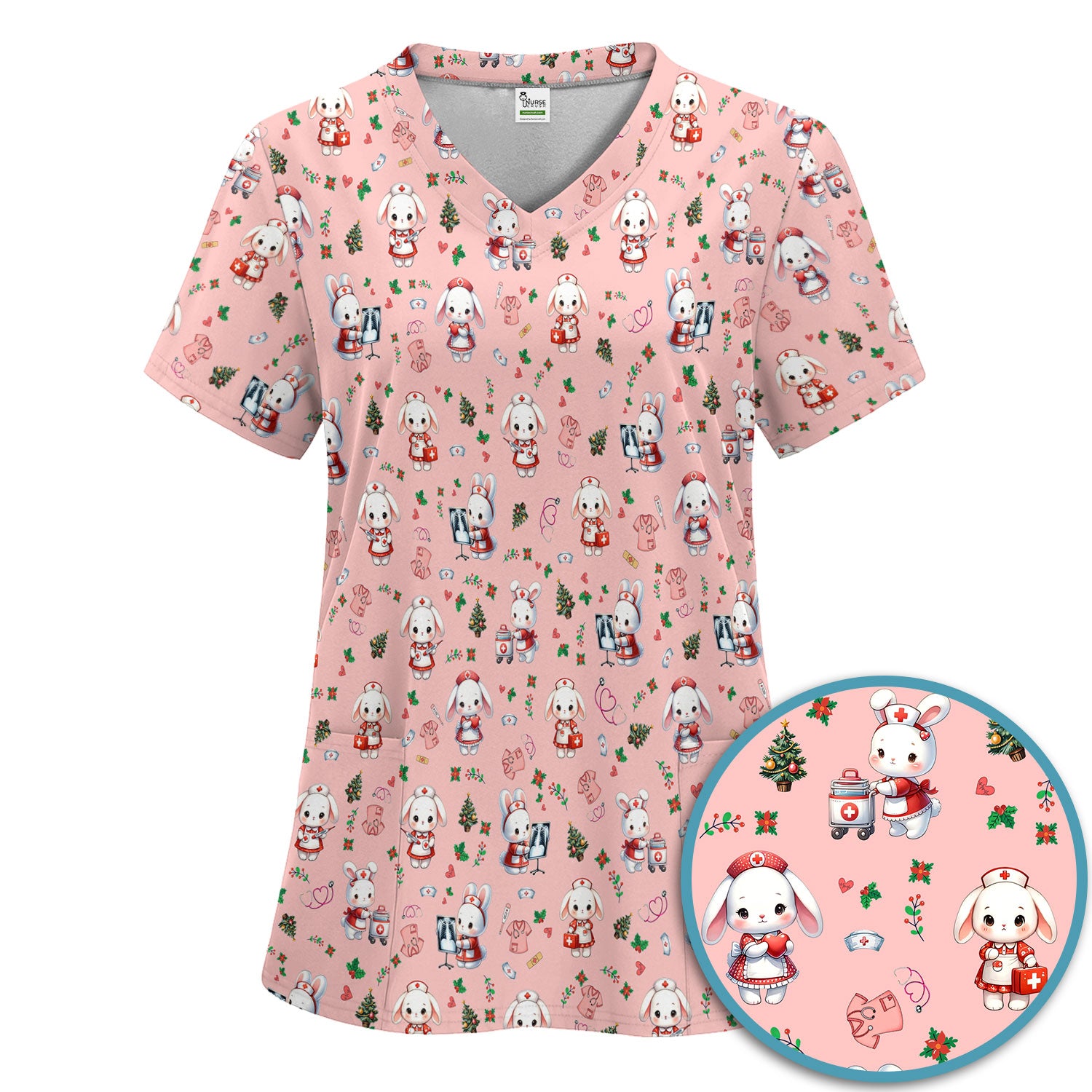 Cute Bunny Scrub Set for Nurse - Adorable Christmas Rabbit Pants and V Neck Top - Funny Holiday Medical Shirt Gift