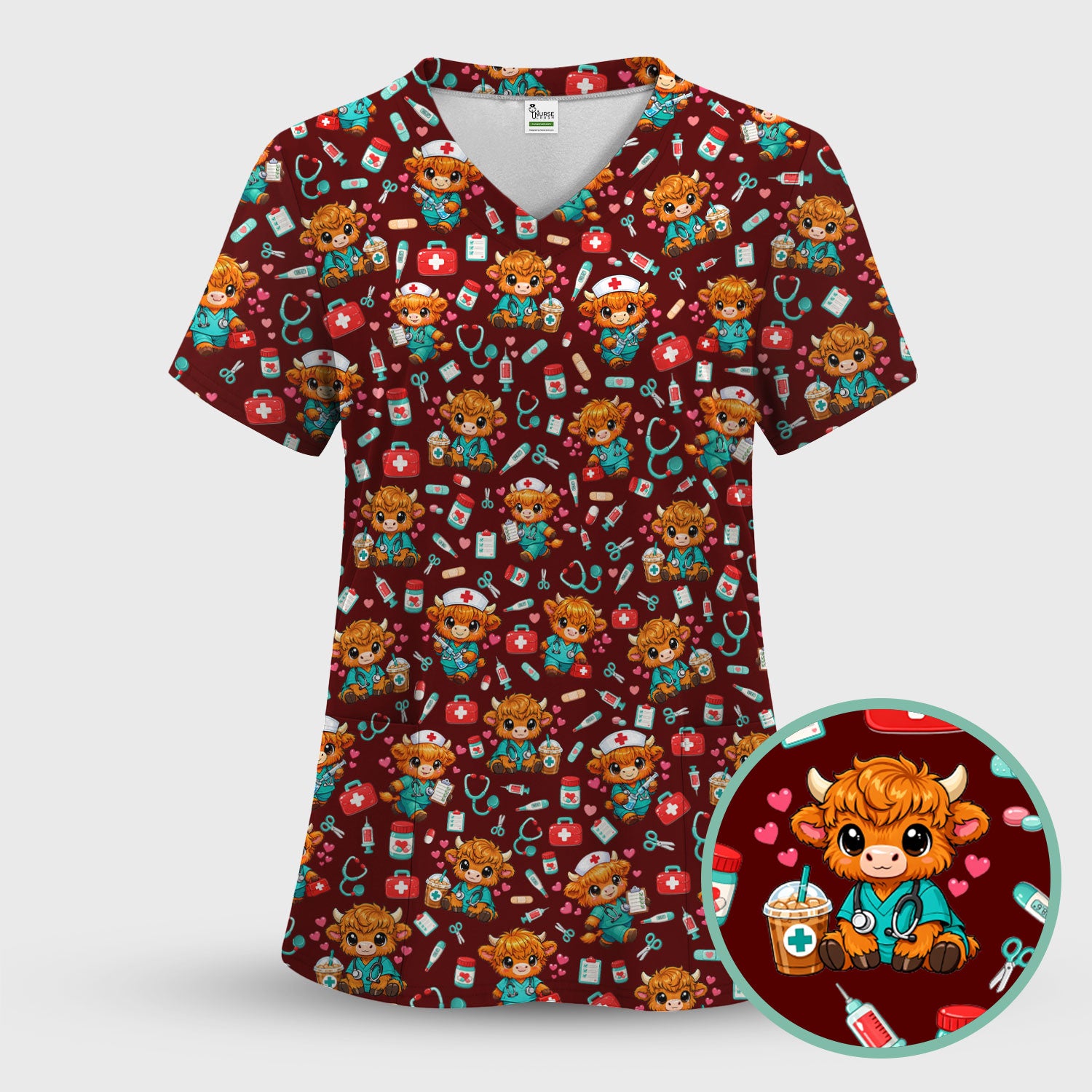 Cute Highland Cow Nurse Scrub Top, Kawaii Medical Pattern Shirt, Breathable Fabrics Nursing Uniform