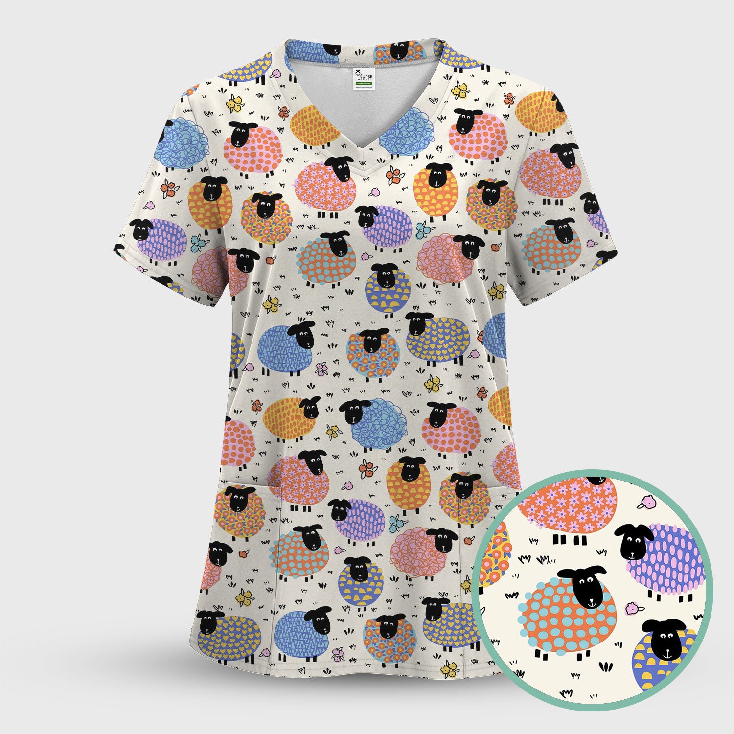 Adorable Colorful Sheep Pattern Scrubs Top, Breathable Fabrics Nursing Uniform