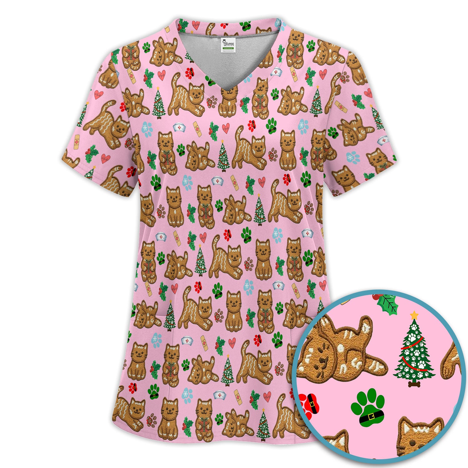 Gingerbread Cat Christmas Scrub Set, Cute Holiday Kitty Medical Uniform Shirt For Nursing, Festive Nurse Pattern