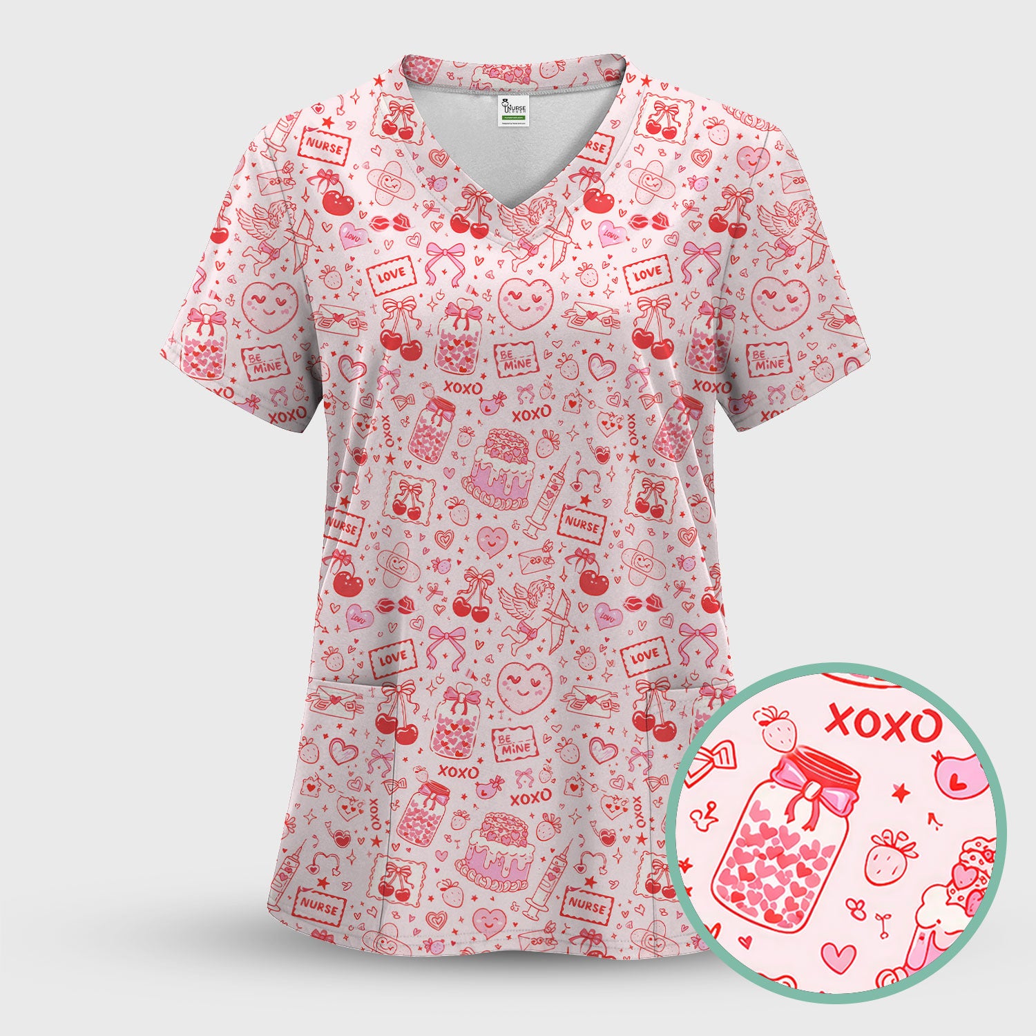 Valentine Pink XOXO Pattern Nurse Scrub Top, Comfortable Uniform Scrubs For Nursing