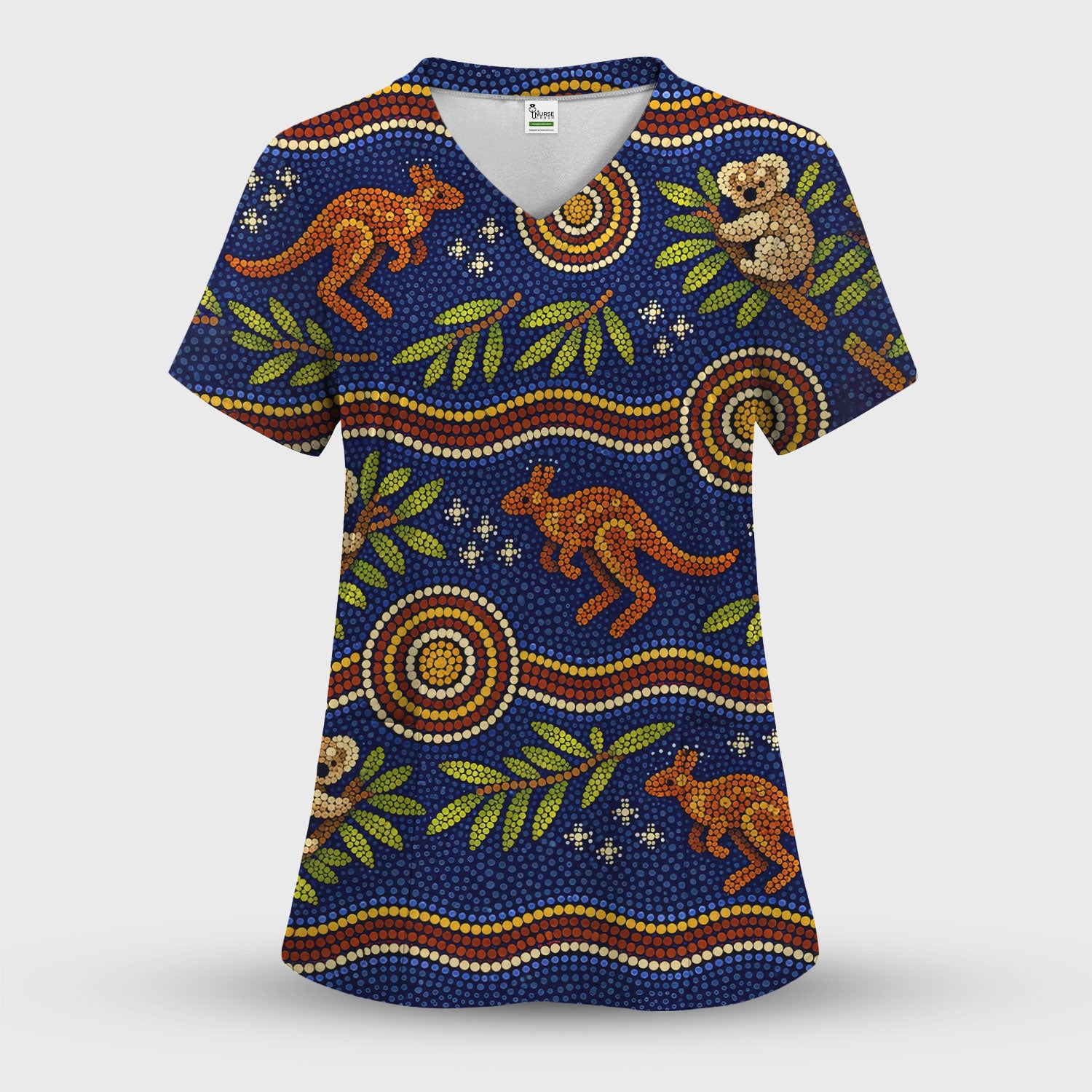 Australian Aboriginal Dot Art Scrub Set, Kangaroo ANd Koala Pattern Nurse Shirt, Breathable Fabrics Nursing Uniform