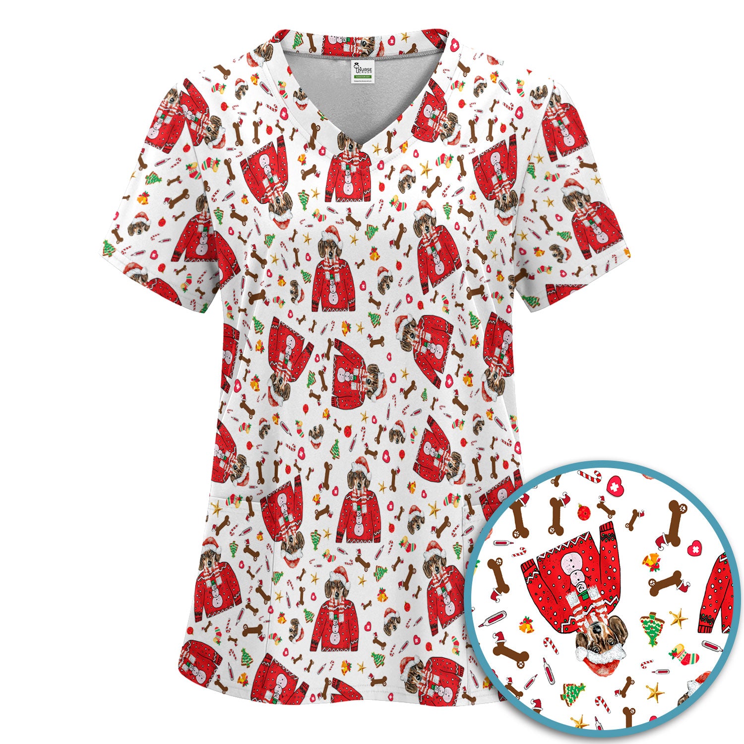 Funny Dog Christmas Scrub Set – Cute Puppy in Santa Outfit Pattern – Festive Holiday Medical Uniform For Nurses And Pet Lovers