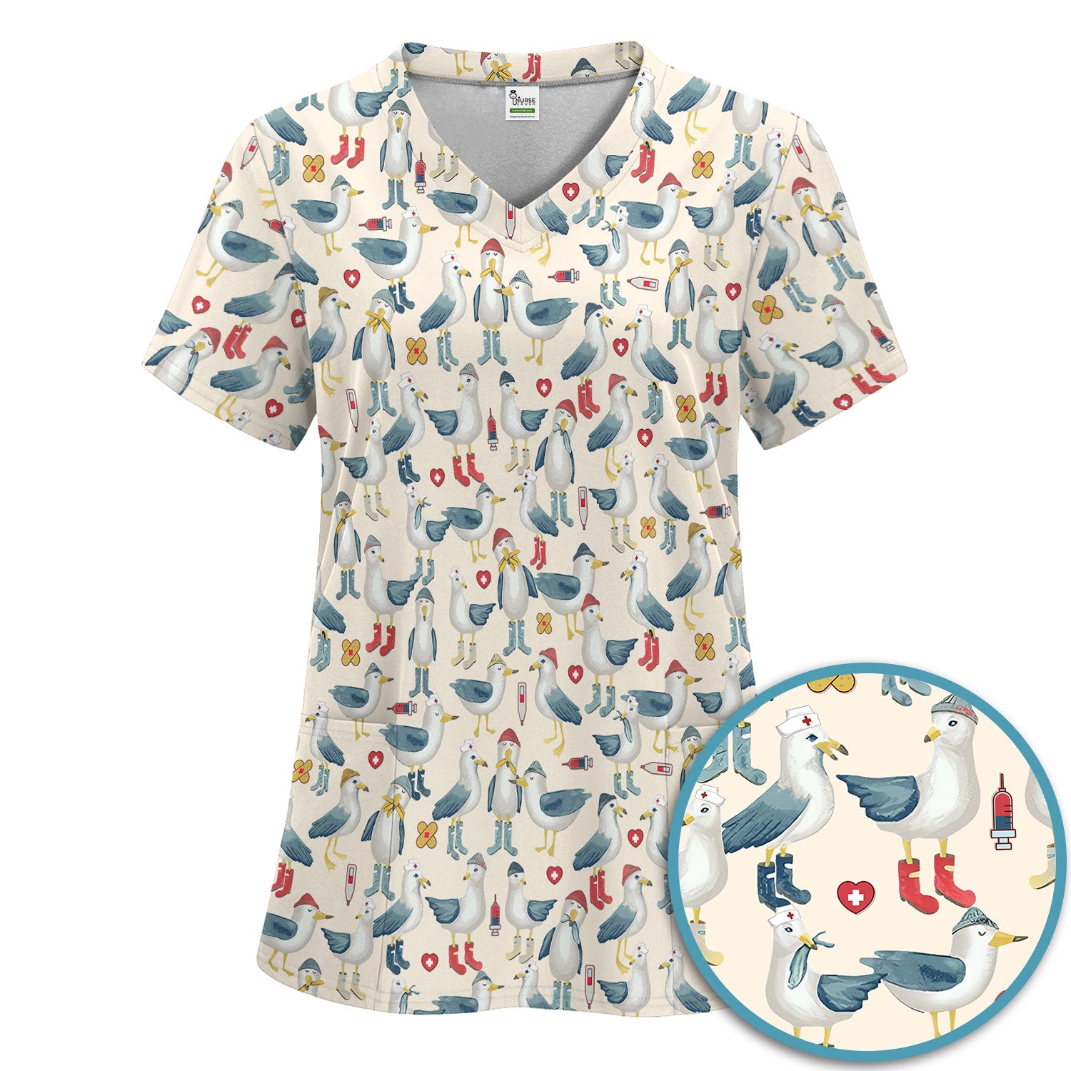 Funny Seagull Nurse Scrub Set - Cute Bird with Medical Icons Scrubs Pants and V Neck Top - Comfortable Scrubs for Women