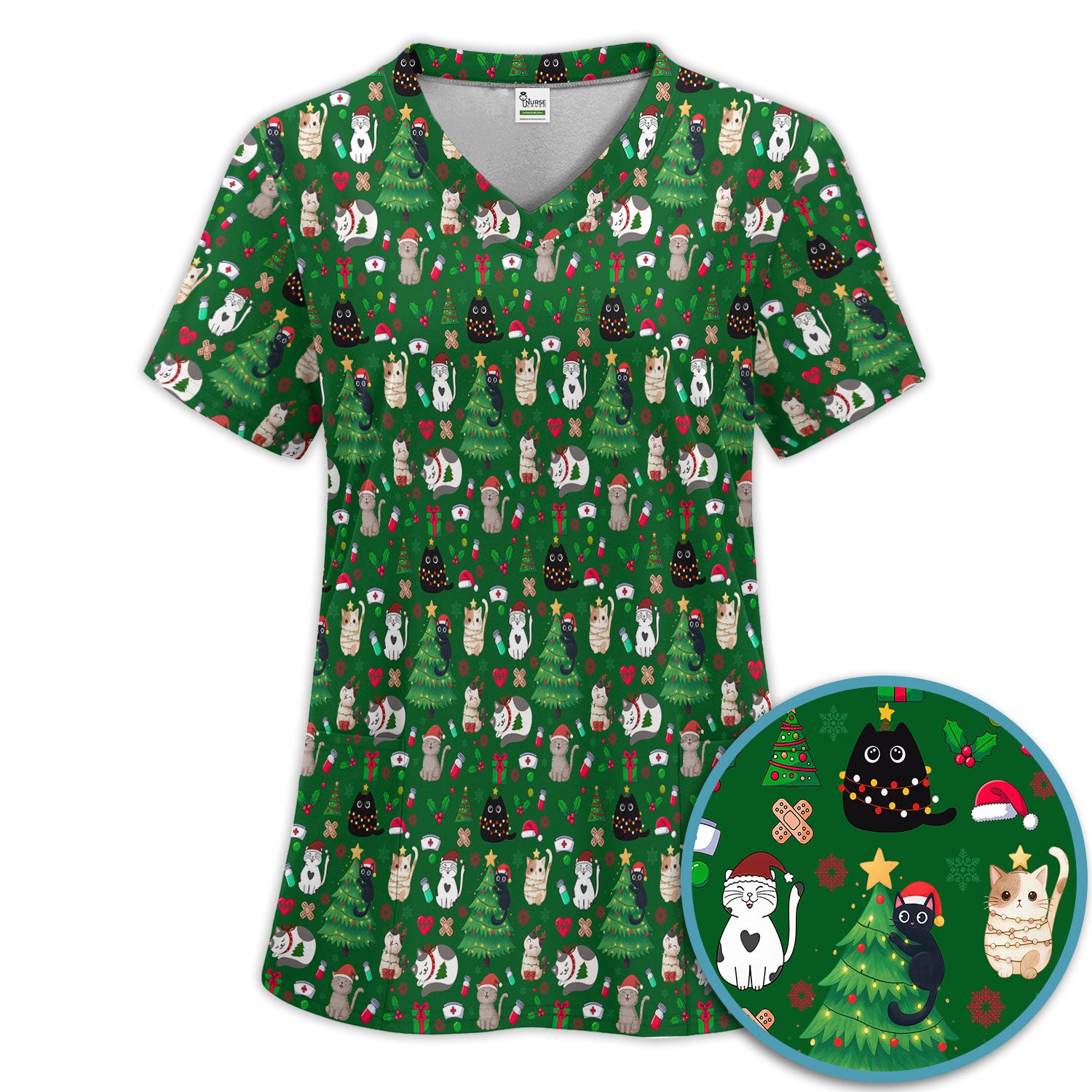 Christmas Cat Scrub Set, Xmas Pet Pattern Scrub Shirt, Breathable Fabrics Nursing Uniform