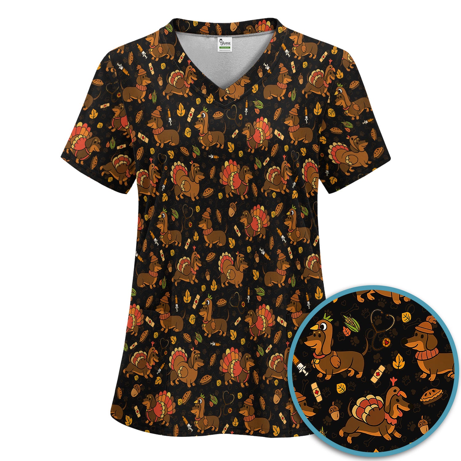 Thanksgiving Dachshund Scrubs Set - Cute Dog Turkey Medical Uniform for Nurses - Funny Holiday Gift for RN CNA LPN