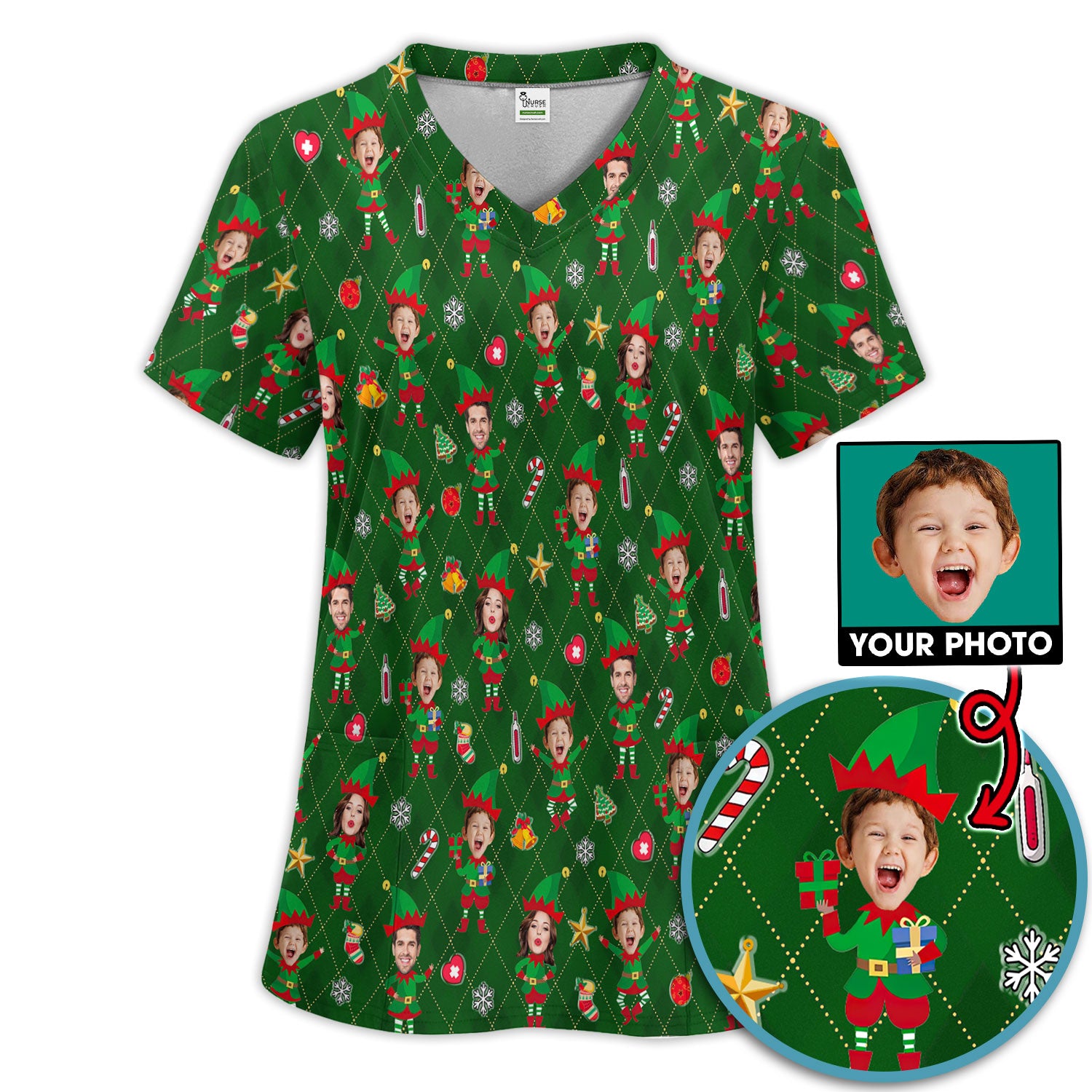Personalized Face Nurse Uniform, Custom Photo Christmas Scrub Set, Funny Holiday Medical Uniform For Nursing