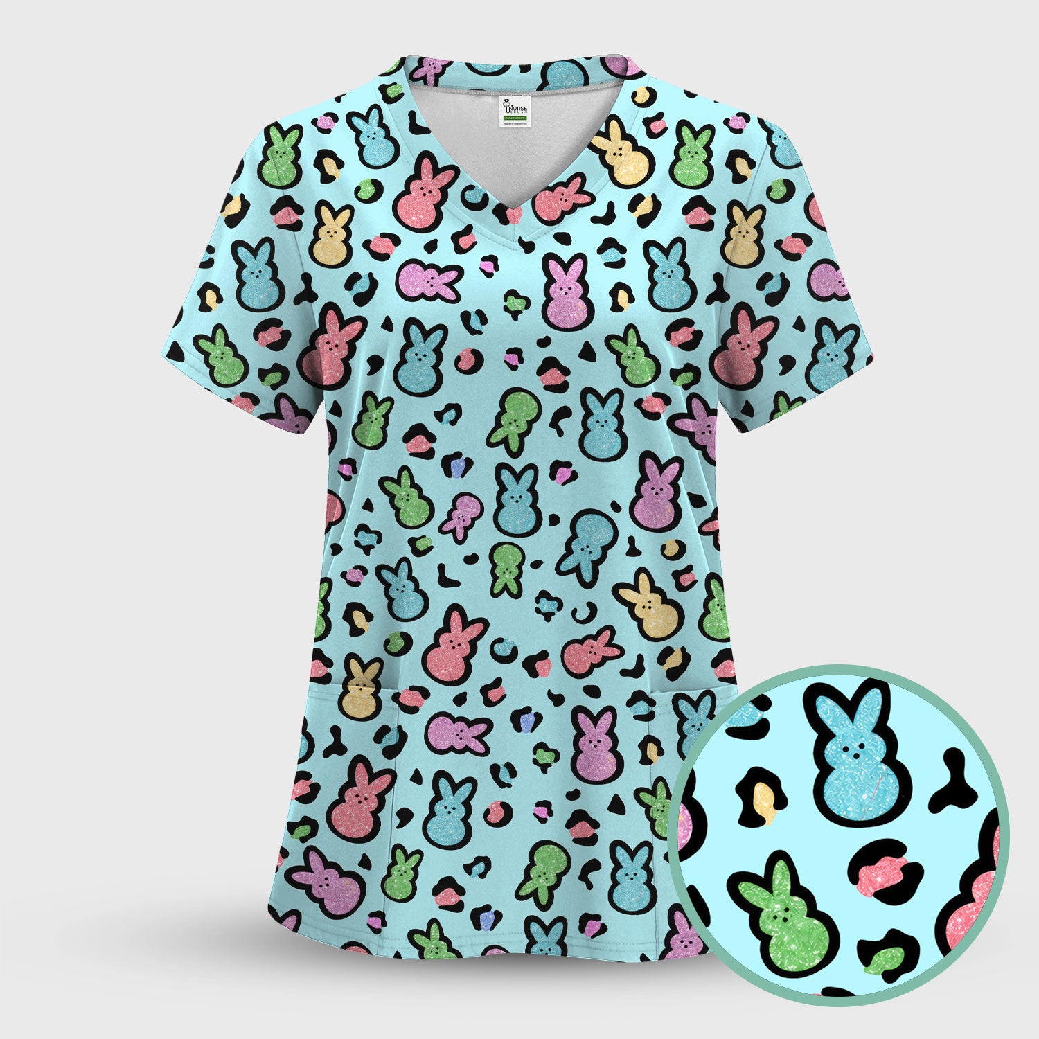 Cute Easter Bunny Pastel Pattern Scrub Set, Scrub Pants and V Neck Top