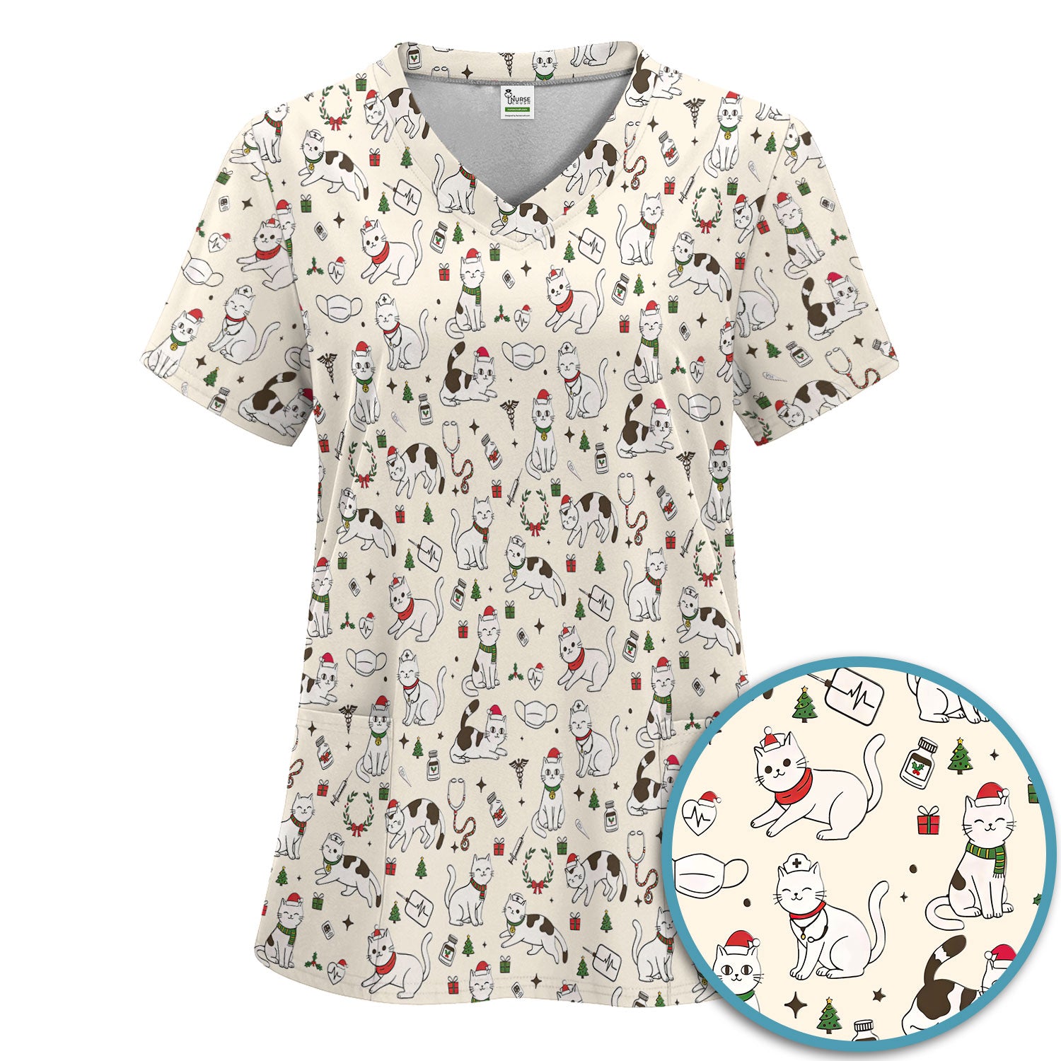 Christmas Cat Scrub Set – Festive Nurse & Holiday Kitty Pattern – Cute Medical Uniform for Nurses, Vets and Healthcare Workers