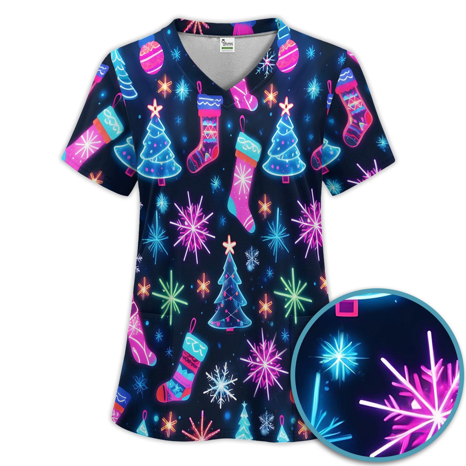 Xmas Neon Pattern Scrub Set, Christmas Scrub Shirt, Breathable Fabrics Nursing Uniform